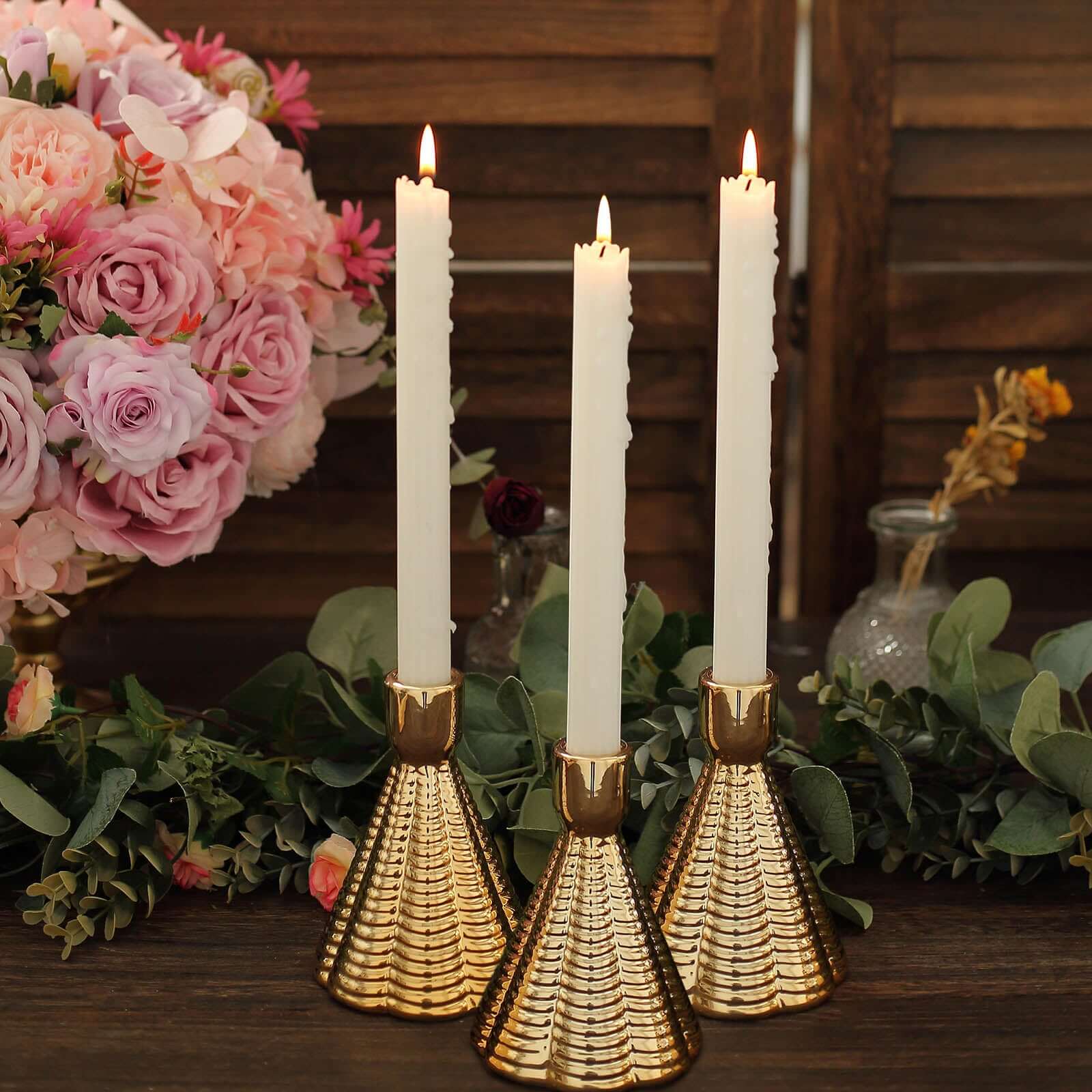 3-Pack Ceramic Taper Candle Holders Ribbed Cone Shaped Design Metallic Gold - Candlestick Stands for Decor 5