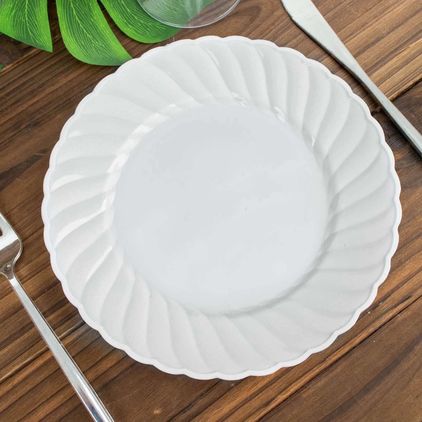 12-Pack Plastic Dessert Plates White Flair Rim - Sturdy Disposable Salad Plates 7.5