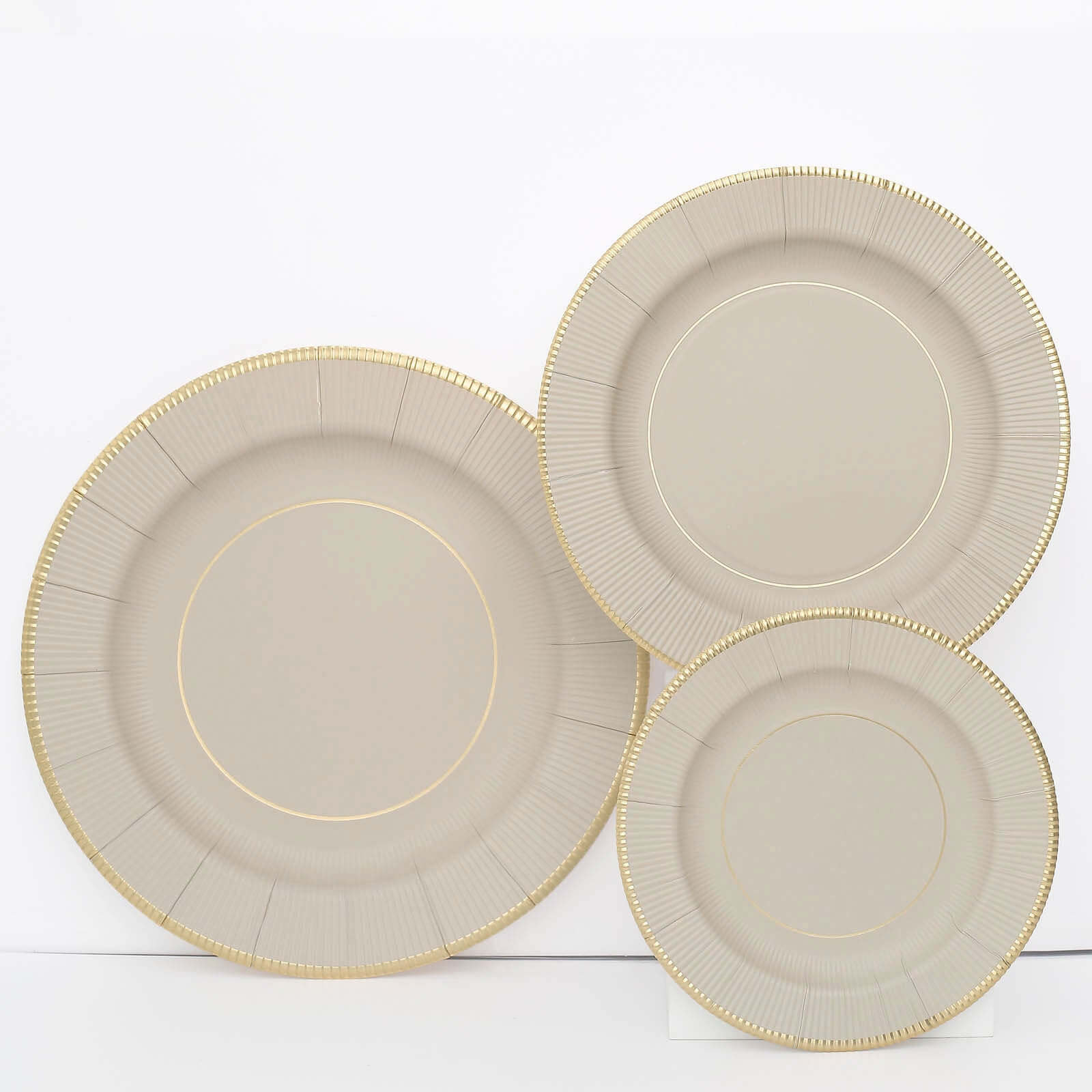 25-Pack Paper 8 Round Dessert Plates in Taupe Sunray Design with Gold Rim - Disposable Heavy Duty 350GSM Appetizer Salad Plates