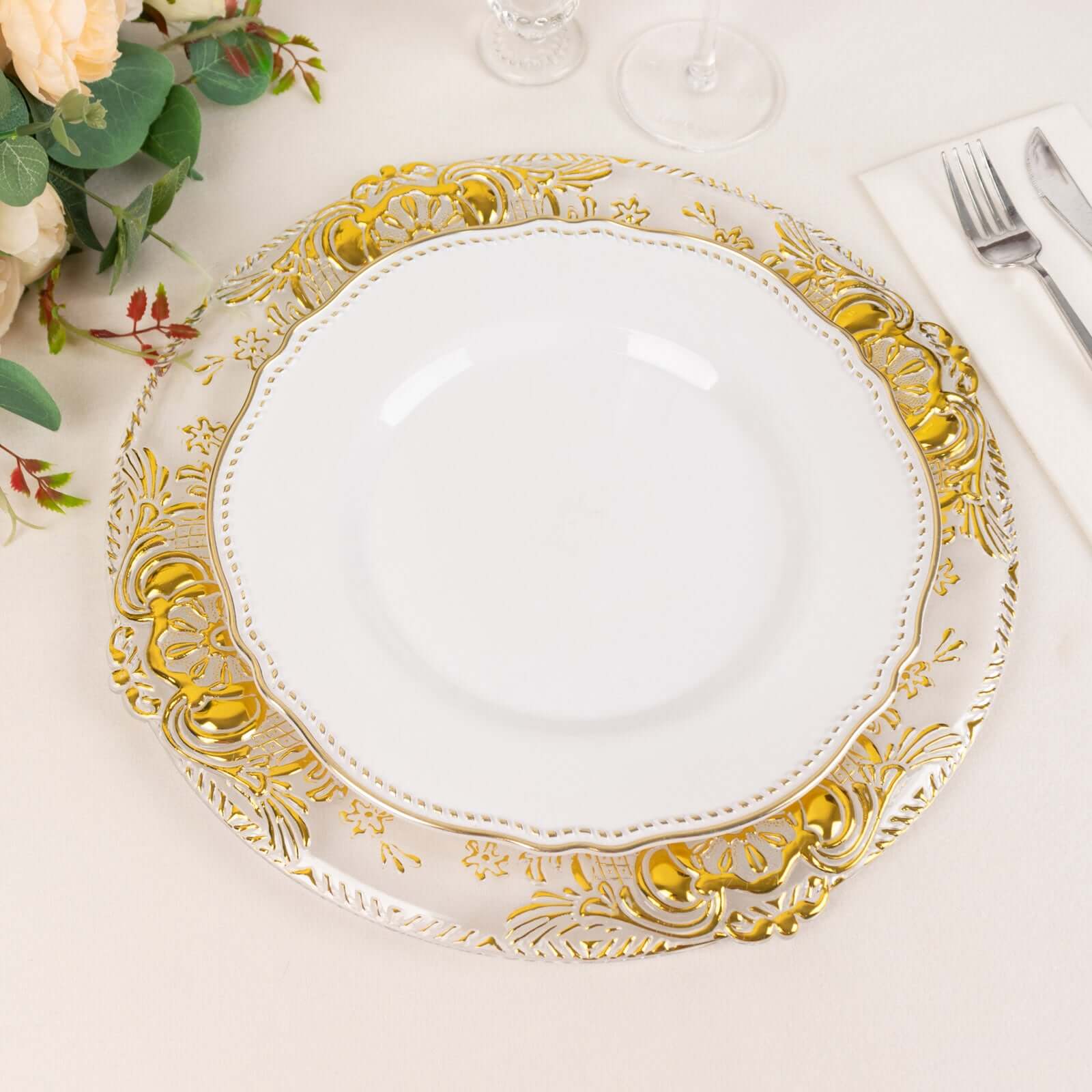 6-Pack Plastic Round Charger Plates 13 in Clear with Gold Florentine Embossed Rim, Exquisite Dinner Serving Plates