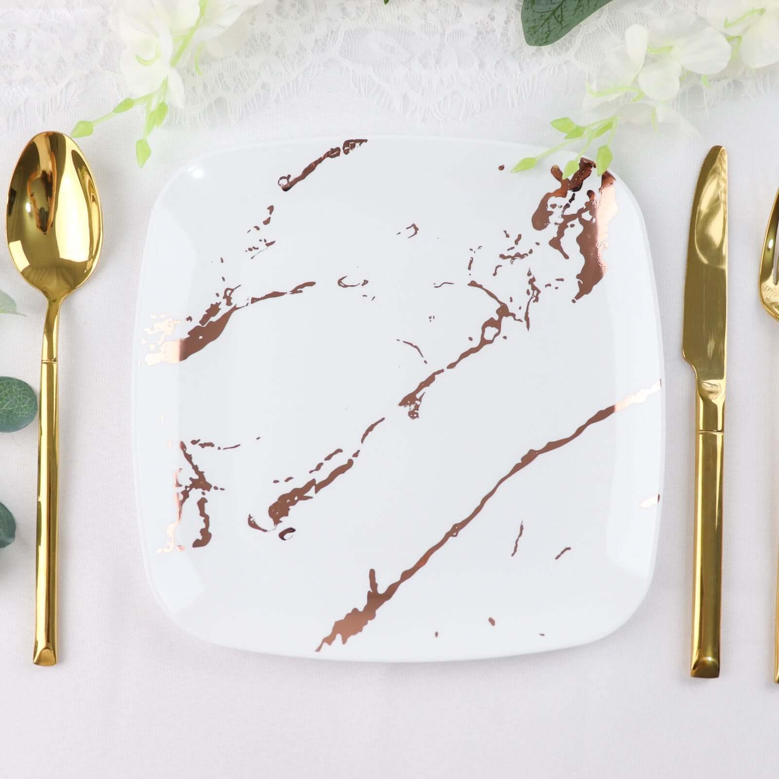 10-Pack Plastic 8 Square Dessert Plates in White with Rose Gold Marble Design - Disposable Appetizer Salad Party Plates