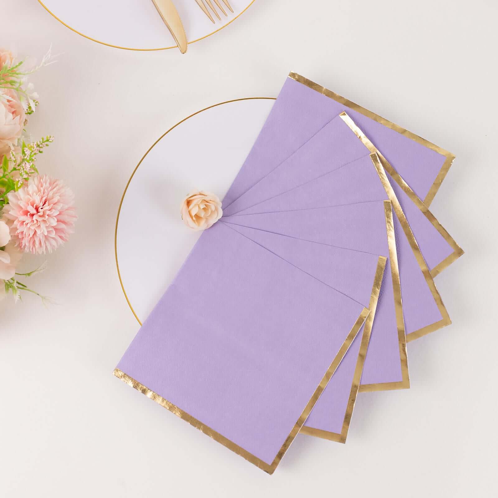 50-Pack Paper Beverage Napkins with Gold Foil Edge Lavender - Disposable 2 Ply Cocktail Napkins for Events 6.5x6.5