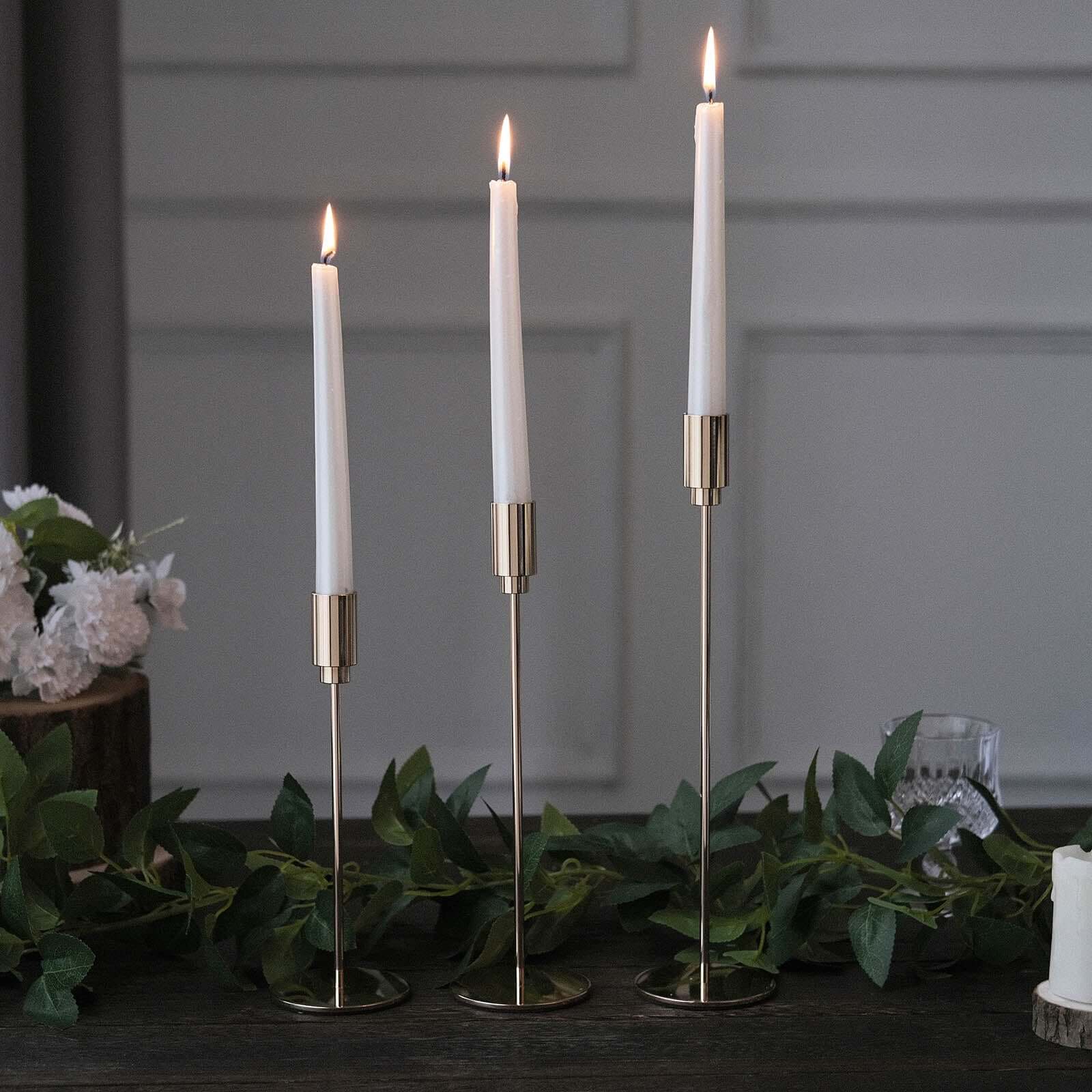 Set of 3 Taper Candle Stands Gold Metal Decorative Round Base Design - Wedding Table Accents 9, 10, 13