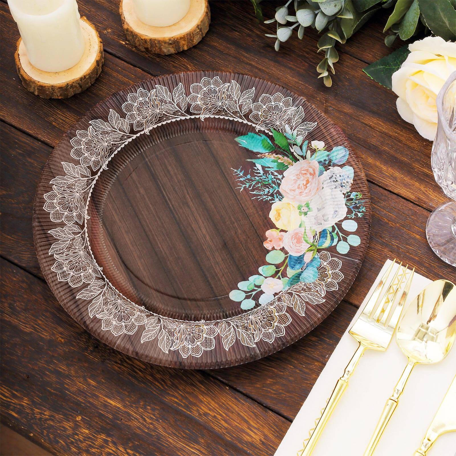 25-Pack Paper 8 Round Dessert Plates in Brown Wood Print with Floral Lace Rim - Disposable Salad Appetizer Plates for Farmhouse Events & Rustic Themes