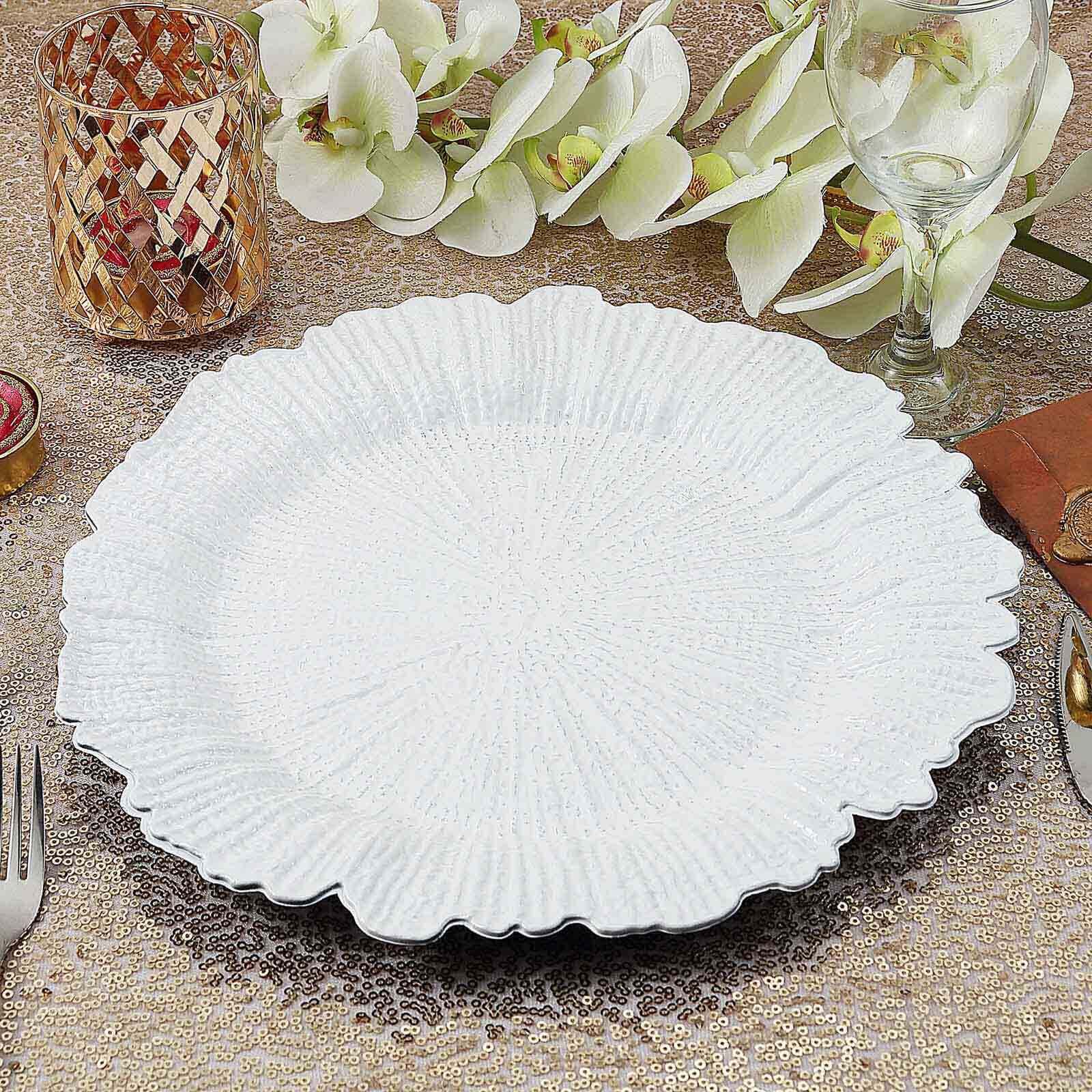 6-Pack Acrylic Plastic Round Charger Plates 13 in White with Reef Design, Classy Dinner Party Charger Tableware