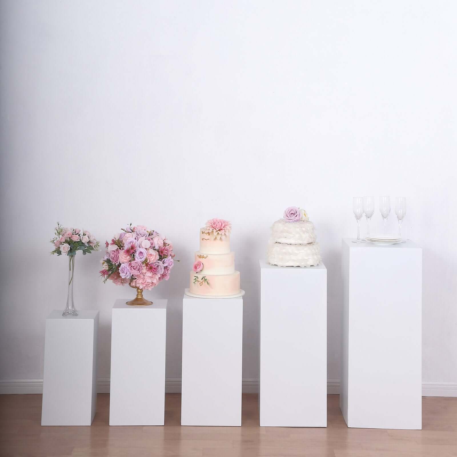 Set of 5 White Metal Rectangular Prop Pedestal Stands Backdrop Decor, Plinth Pillar Display Boxes