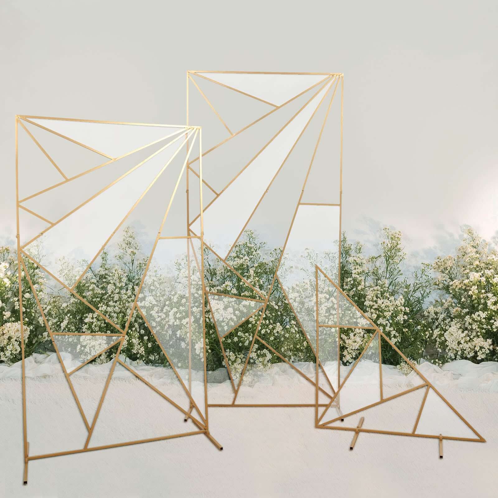 3ft Tall Gold Metal Triangular Geometric Flower Frame Prop Stand, Wedding Backdrop Floor Stand With Cloudy Film Insert