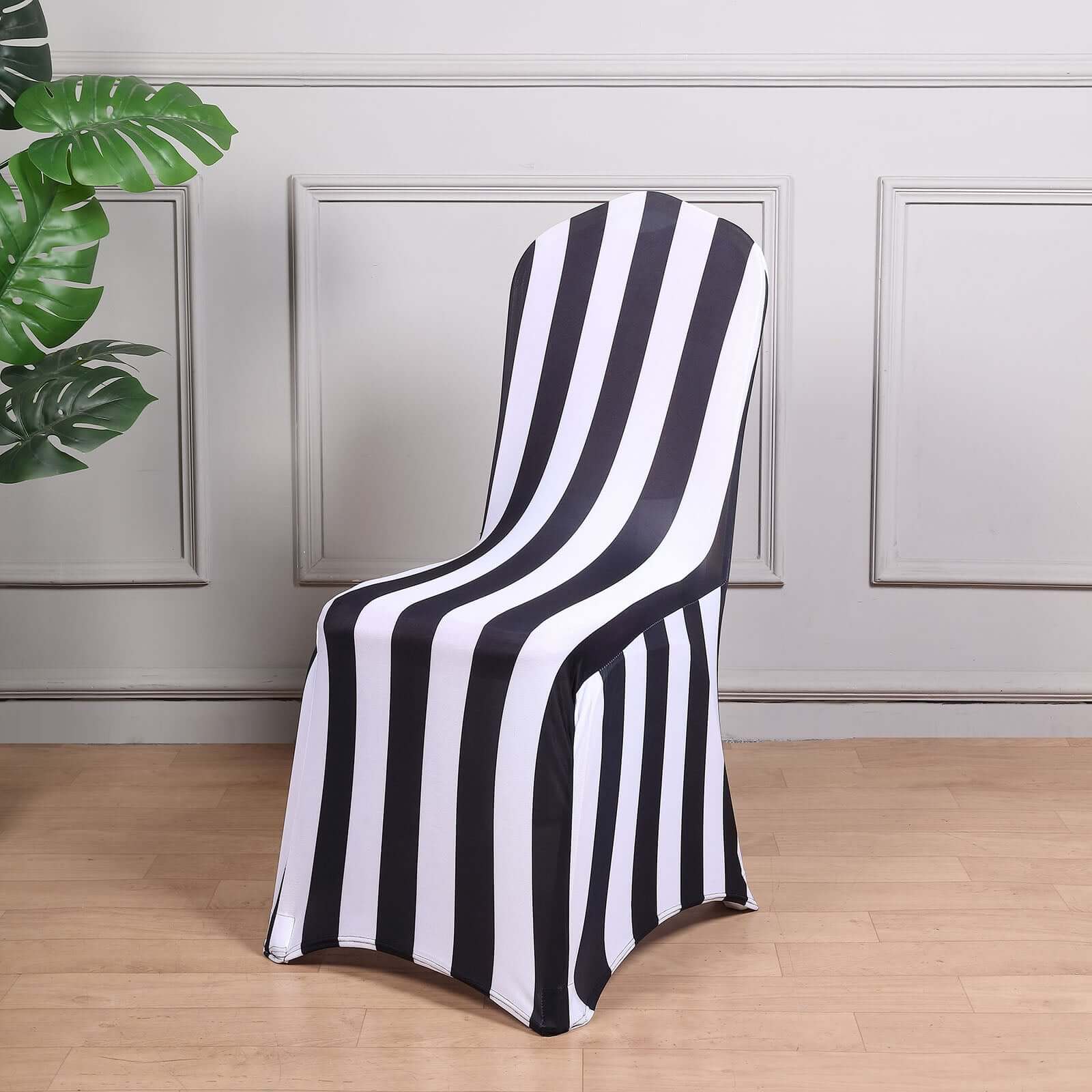 Spandex Chair Cover with Foot Pockets for Banquet Chairs Black/White 2 Stripes - Durable 160GSM Fitted Slipcover for Weddings & Gatherings