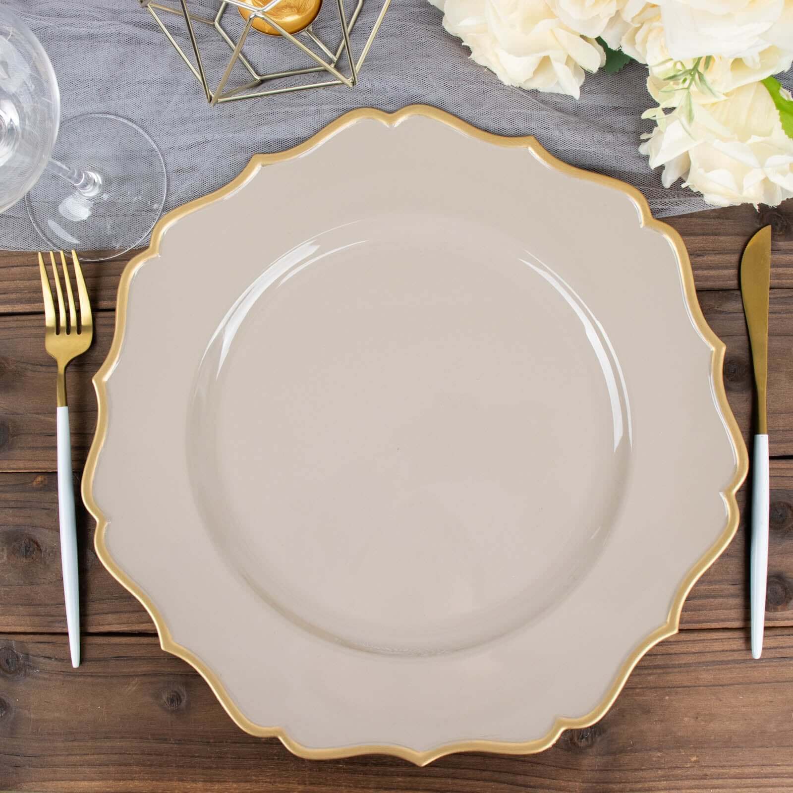 6-Pack Acrylic Round Charger Plates 13 in Taupe with Gold Scalloped Rim, Decorative Dinner Party Plastic Charger Tableware