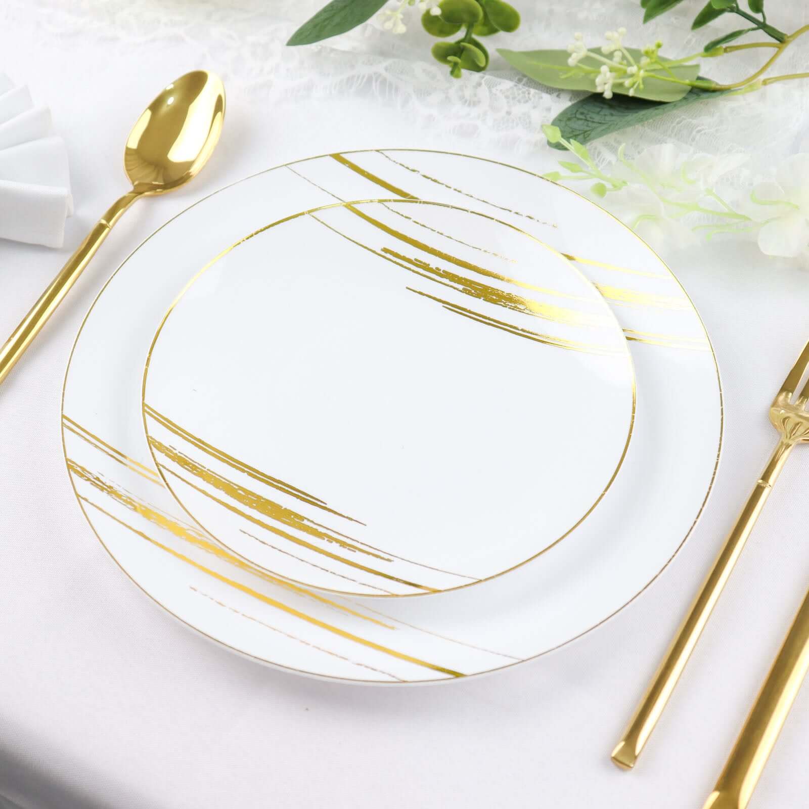 10-Pack Plastic 7 Round Dessert Plates in White with Gold Brush Stroked Print - Disposable Appetizer Salad Plates