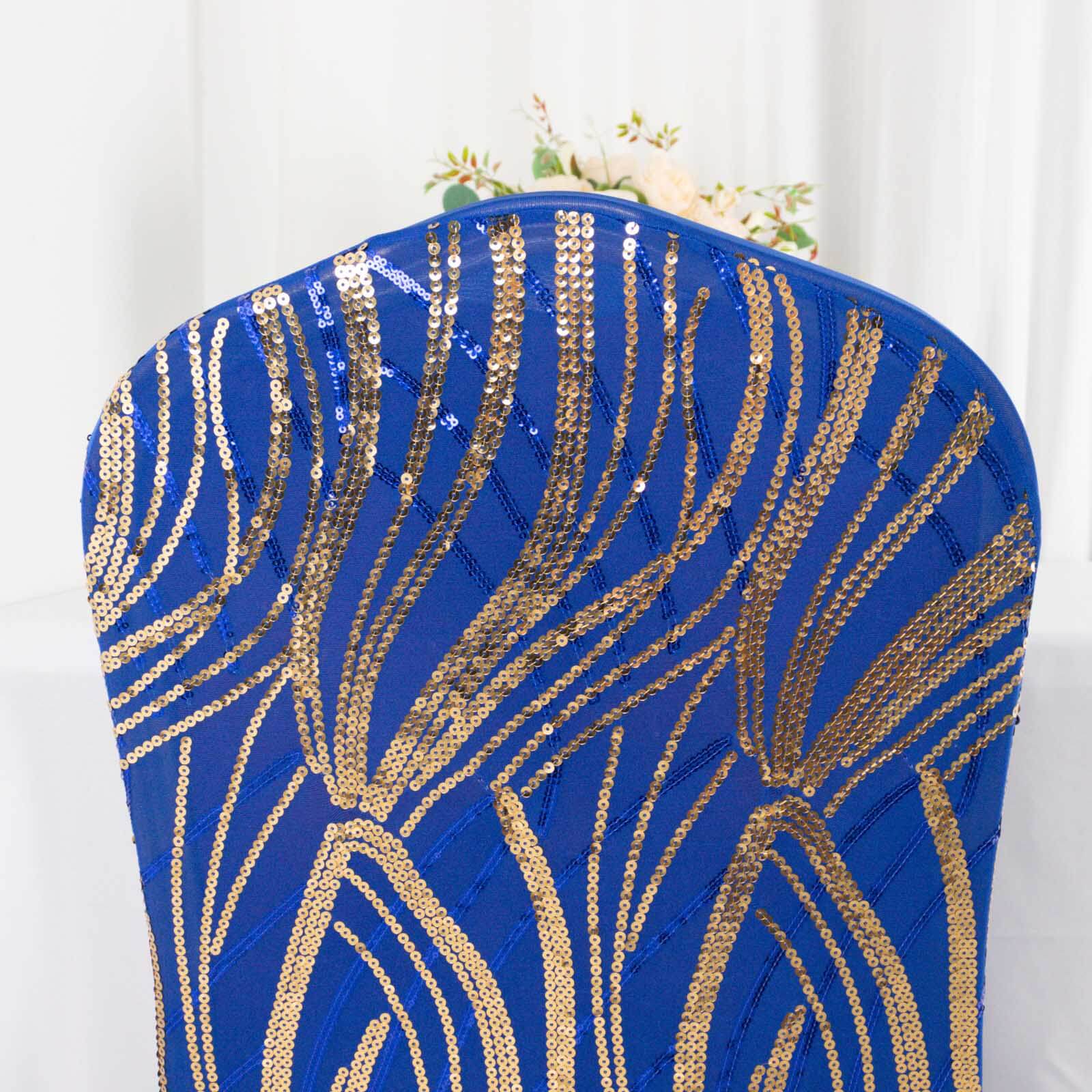 Spandex Chair Cover with Wave Embroidered Sequins for Banquet Chairs Royal Blue/Gold - Glittering Stretch Fitted Slipcover