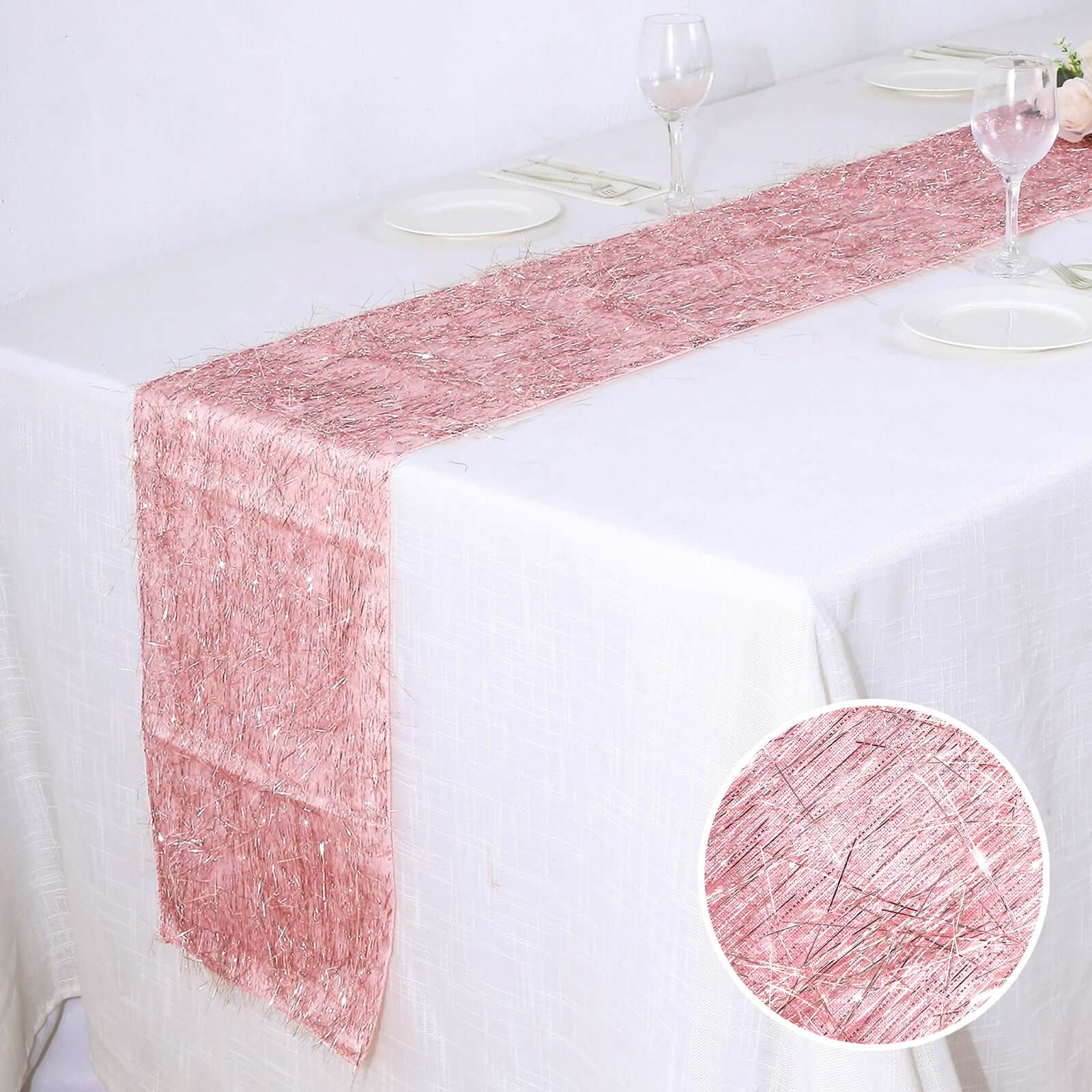 Metallic Tinsel Polyester 12x108 Table Runner Rose Gold - Shimmery Fringe Shag Table Decor