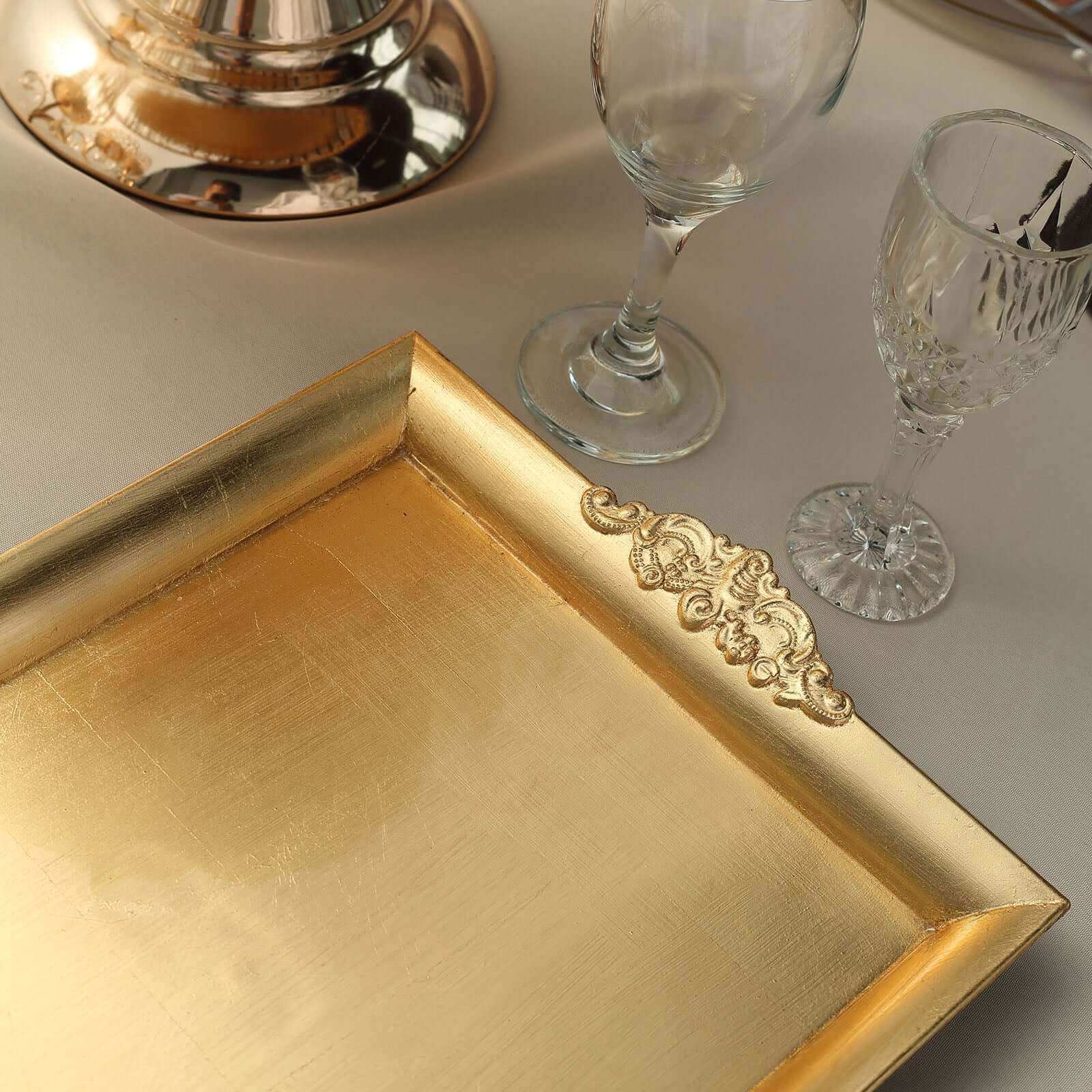 2-Pack Acrylic Rectangle Serving Trays 14x10 in Gold with Embossed Handles, Sleek Decorative Dinner Party Food Platters