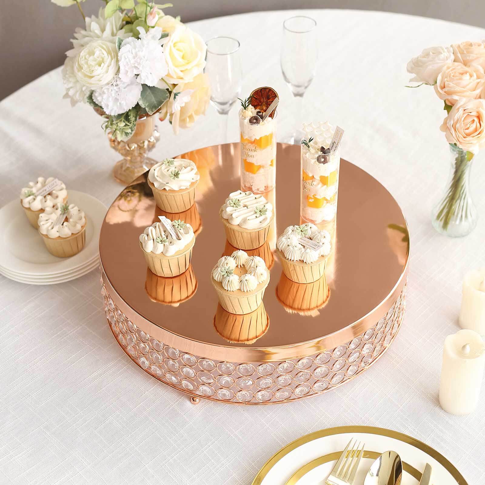 Metal Cake Stand Pedestal Crystal Beaded Design Rose Gold - Cupcake Display and Dessert Riser 16