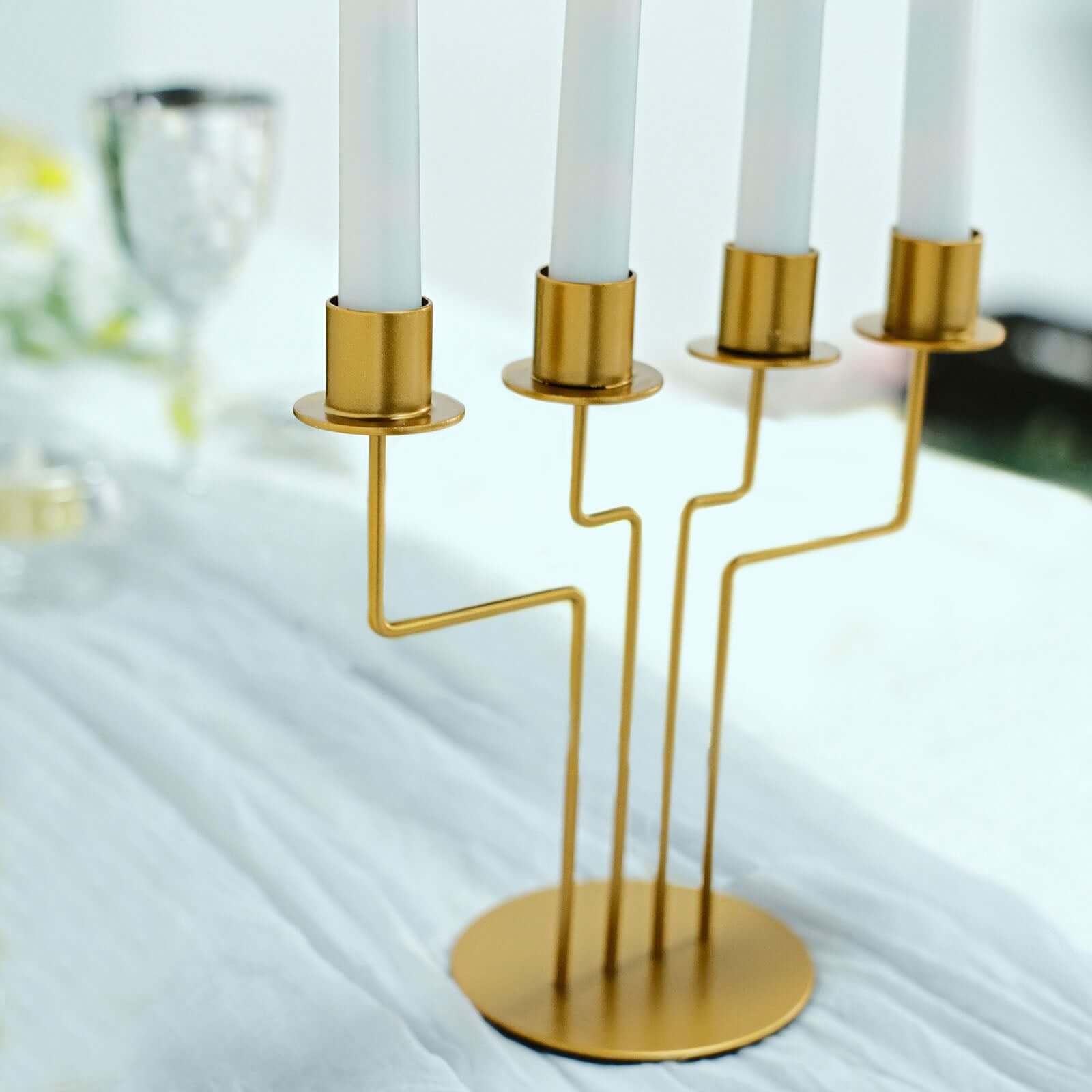 2-Pack Geometric Taper Candelabra 4 Arm Design Gold Metal Decorative Centerpiece - Perfect for Events 8