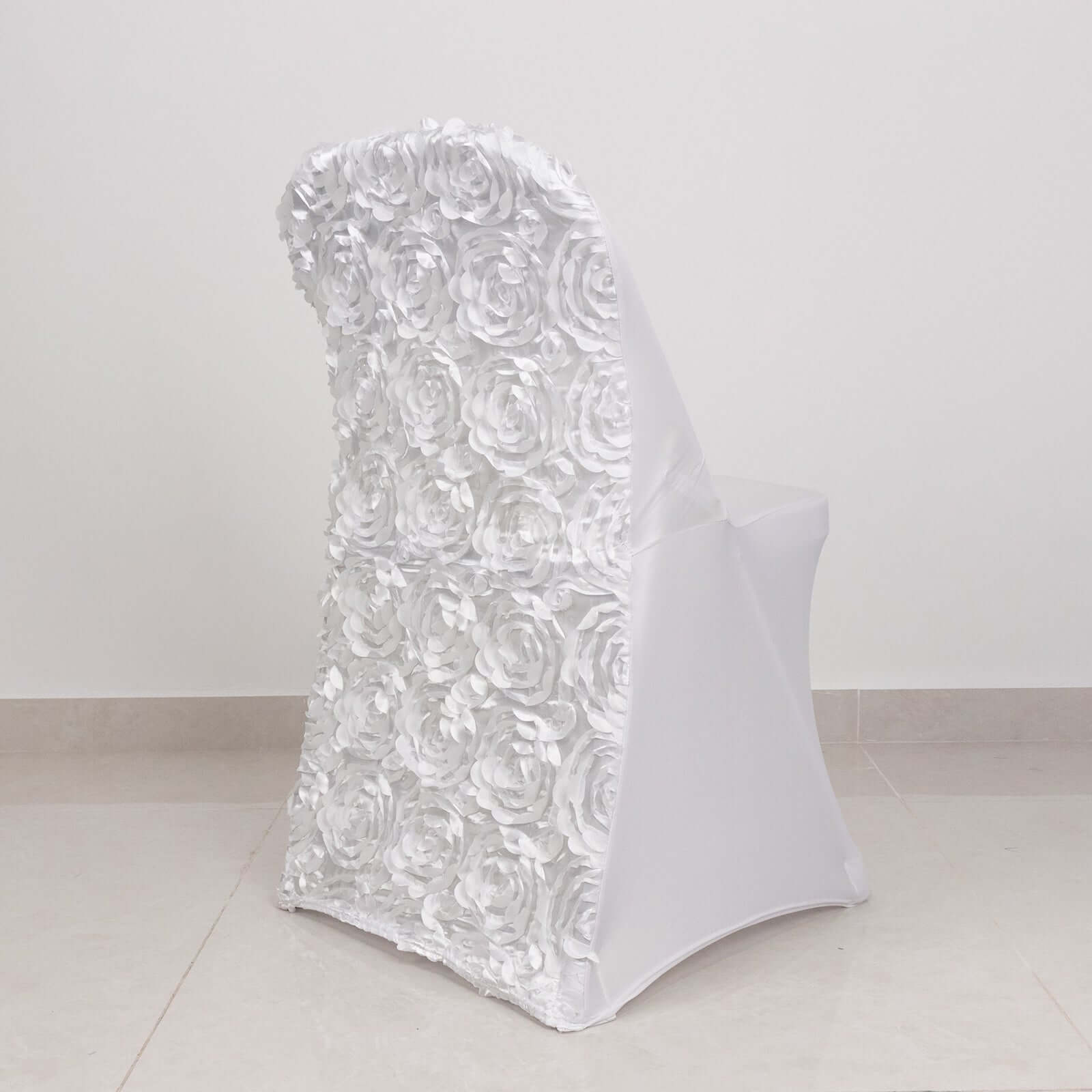 Spandex Chair Cover White for Folding Chairs - Durable Stretch Fitted Slipcover with Satin Rosette Design for Classy Events