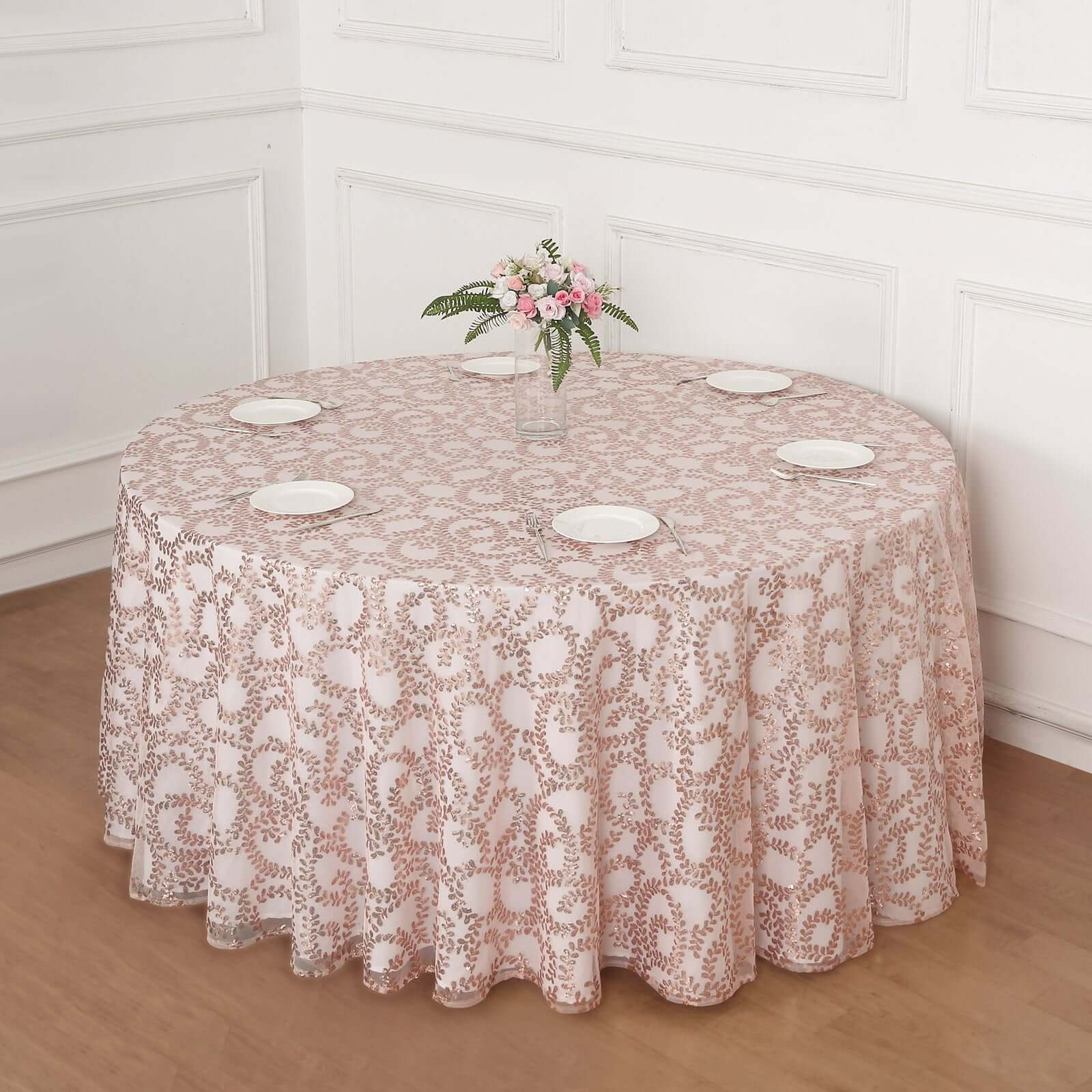 Tulle 120 Round Tablecloth Rose Gold - Seamless Sequin Leaf Embroidered Table Cover