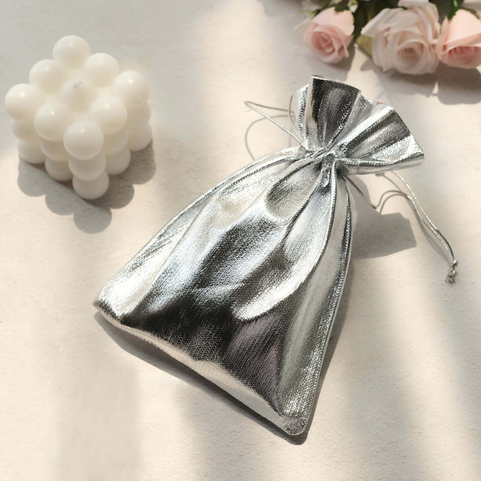 10 Pack Metallic Silver Lame Polyester 5x7 Party Favor Gift Bags, Shiny Fabric Drawstring Candy Pouch