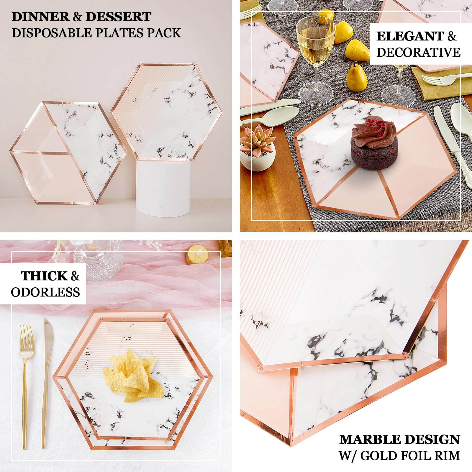 50-Pack Paper Hexagon Dinner and Dessert Plates in Blush with Marble Design & Rose Gold Foil Rim - Chic Disposable Geometric Party Plates Set for 25 Guests 8, 10