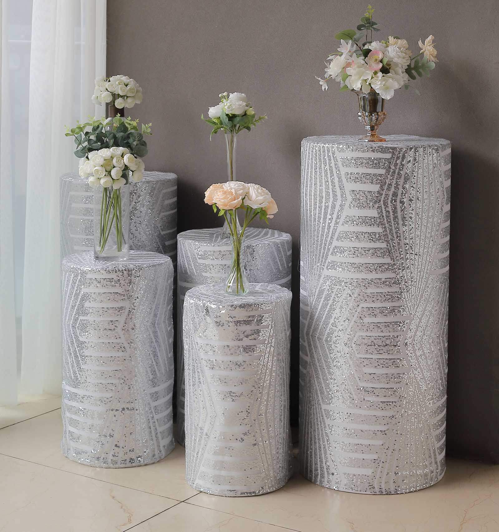 Set of 5 Silver Sequin Mesh Cylinder Pedestal Stand Covers with Geometric Pattern Embroidery, Sparkly Sheer Tulle Pillar Prop Covers