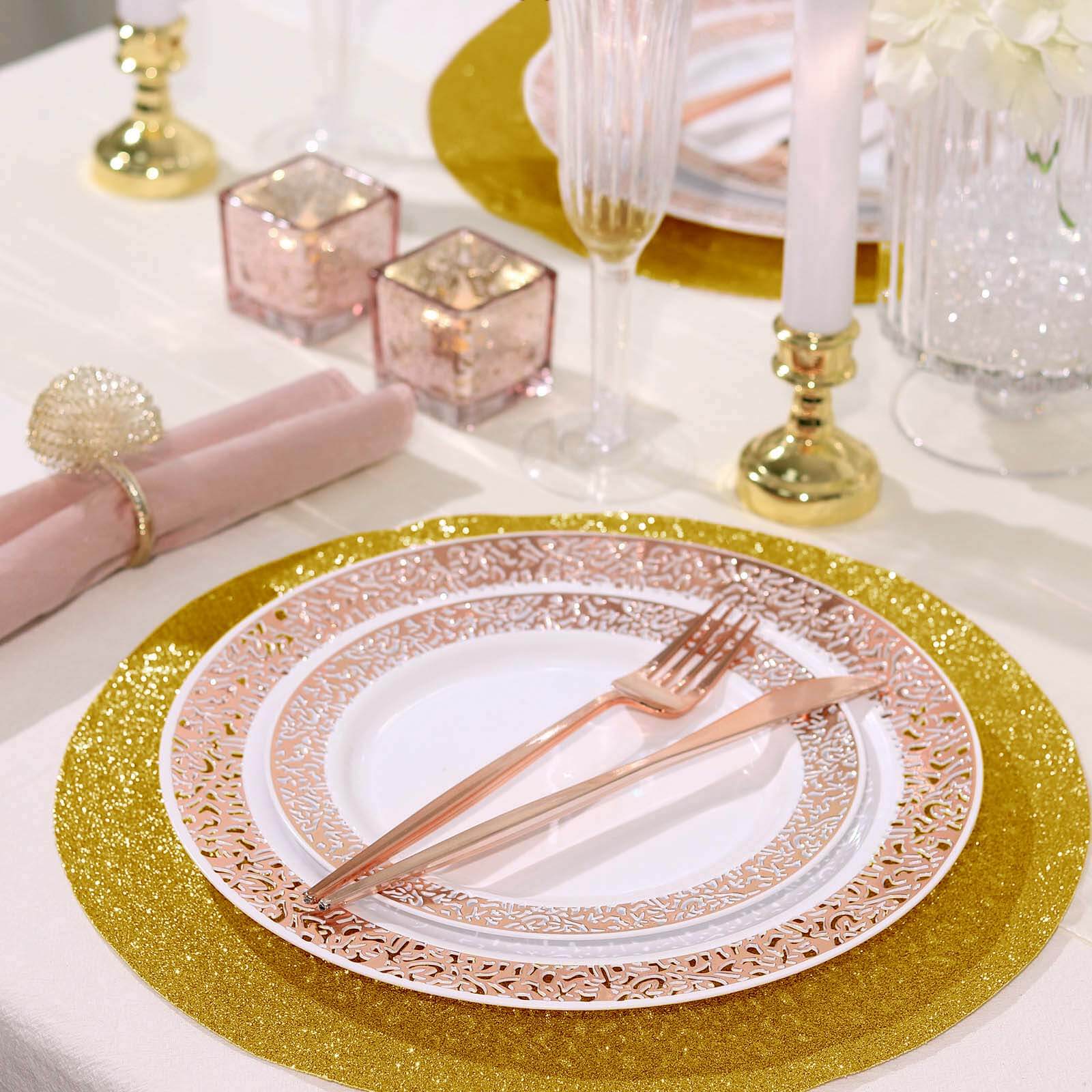 6-Pack Placemats Glitter Design Gold Sparkle Round - Non-Slip Decorative Dining Table Mats 13