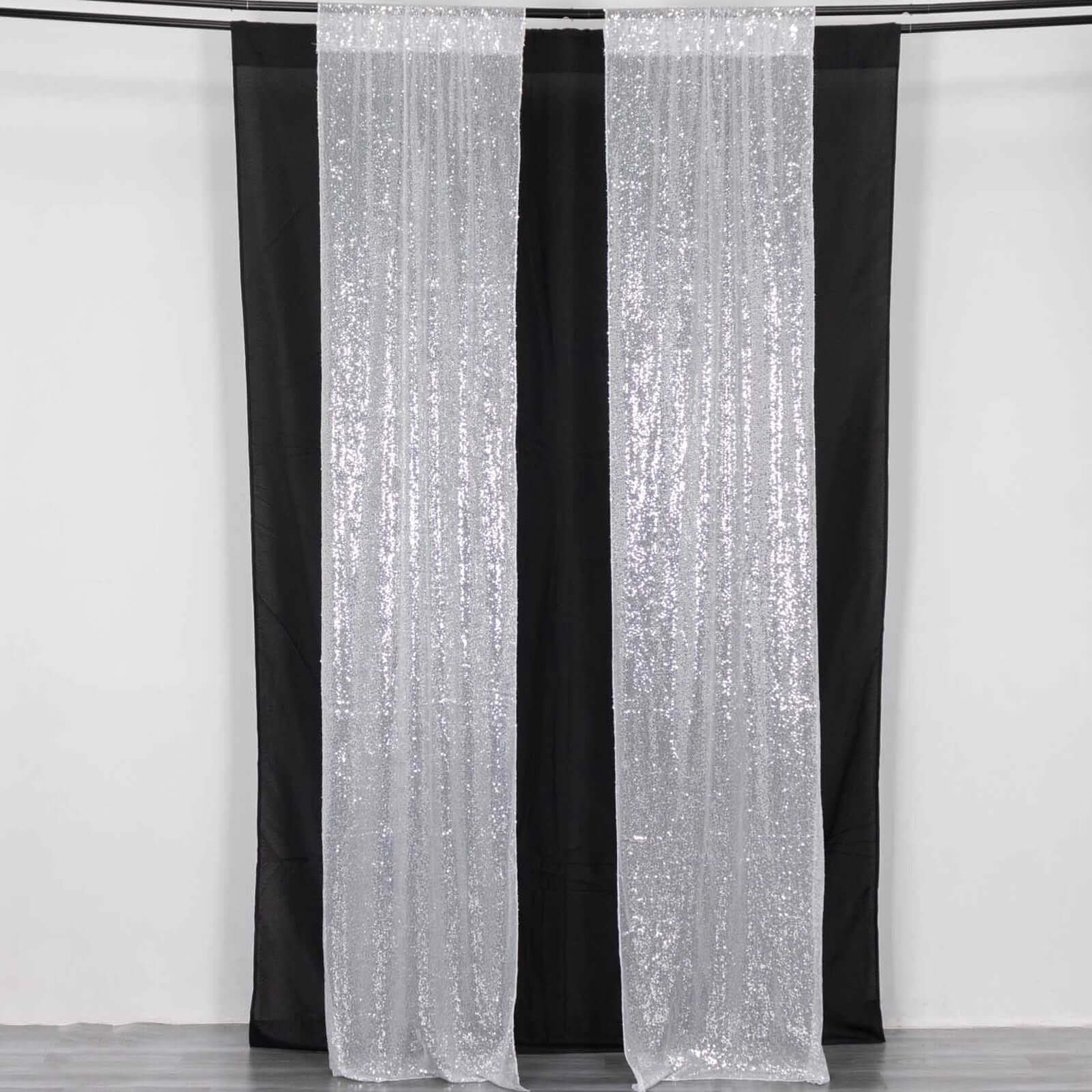 2 Pack Silver Sequin Event Curtain Drapes with Rod Pockets, Seamless Backdrop Event Panels - 8ftx2ft