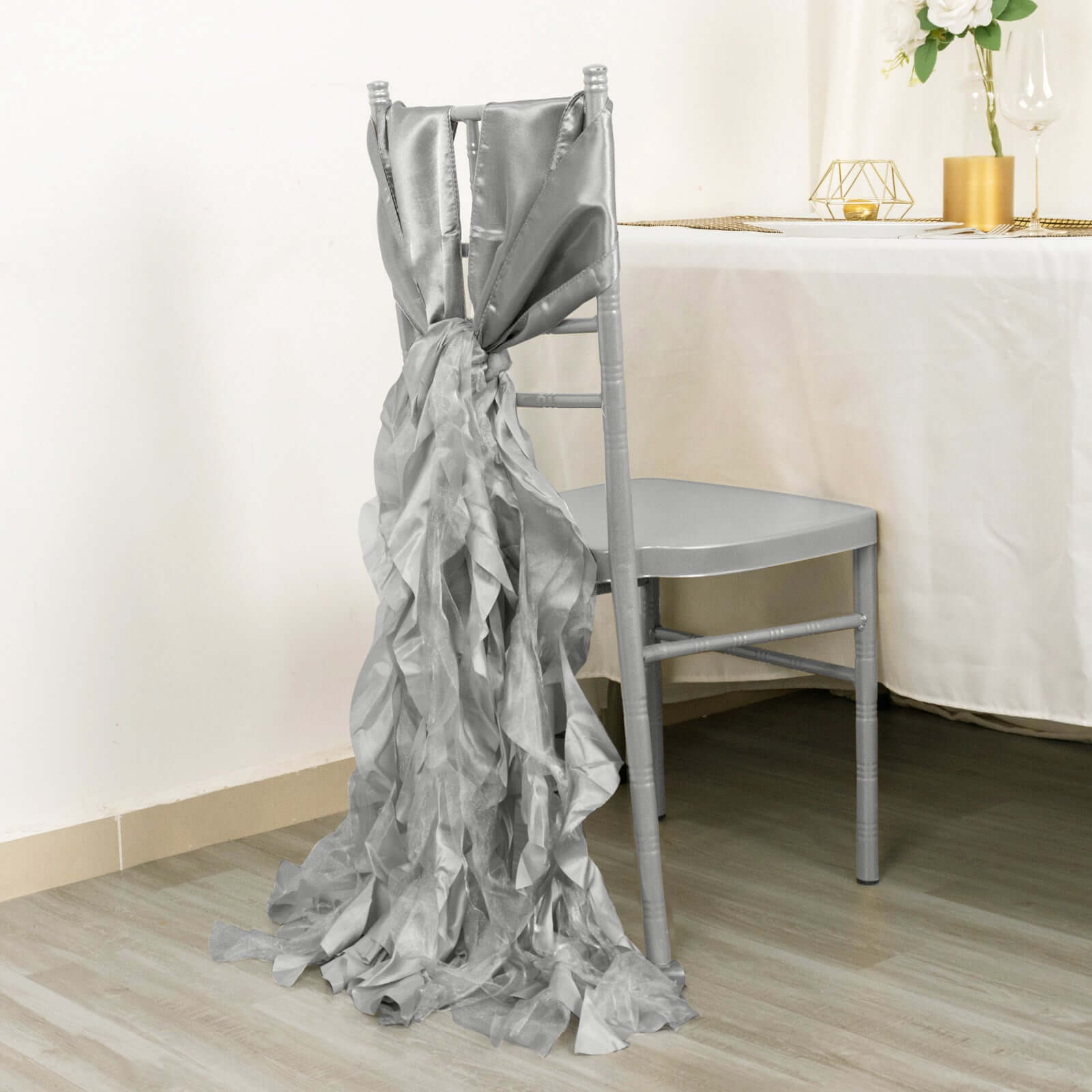 5 Pack Chiffon Satin Chair Sashes Silver - Easy to Install Ruffled Curly Willow