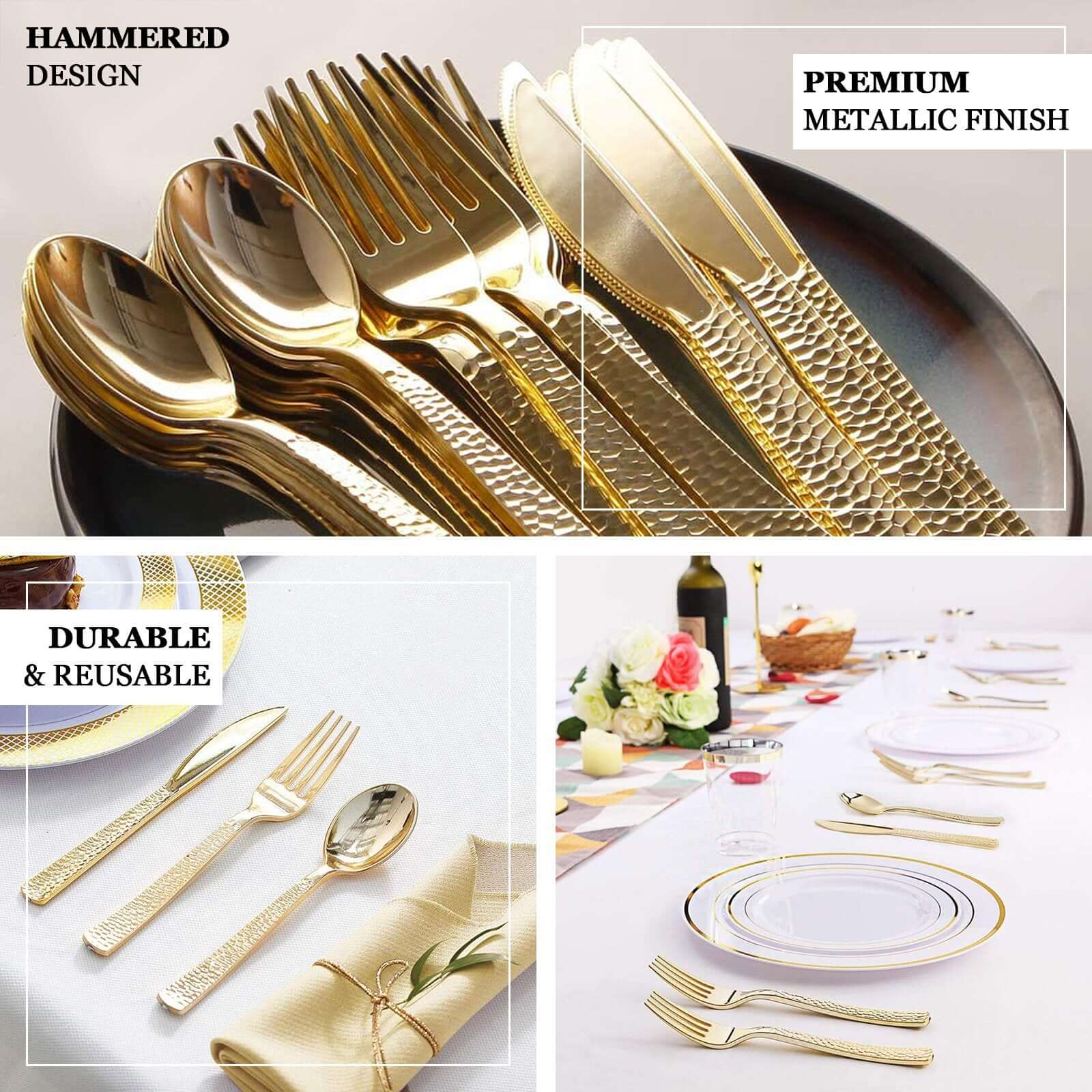 24-Pack Plastic Forks with Hammered Style Gold - Heavy Duty Disposable Silverware 7