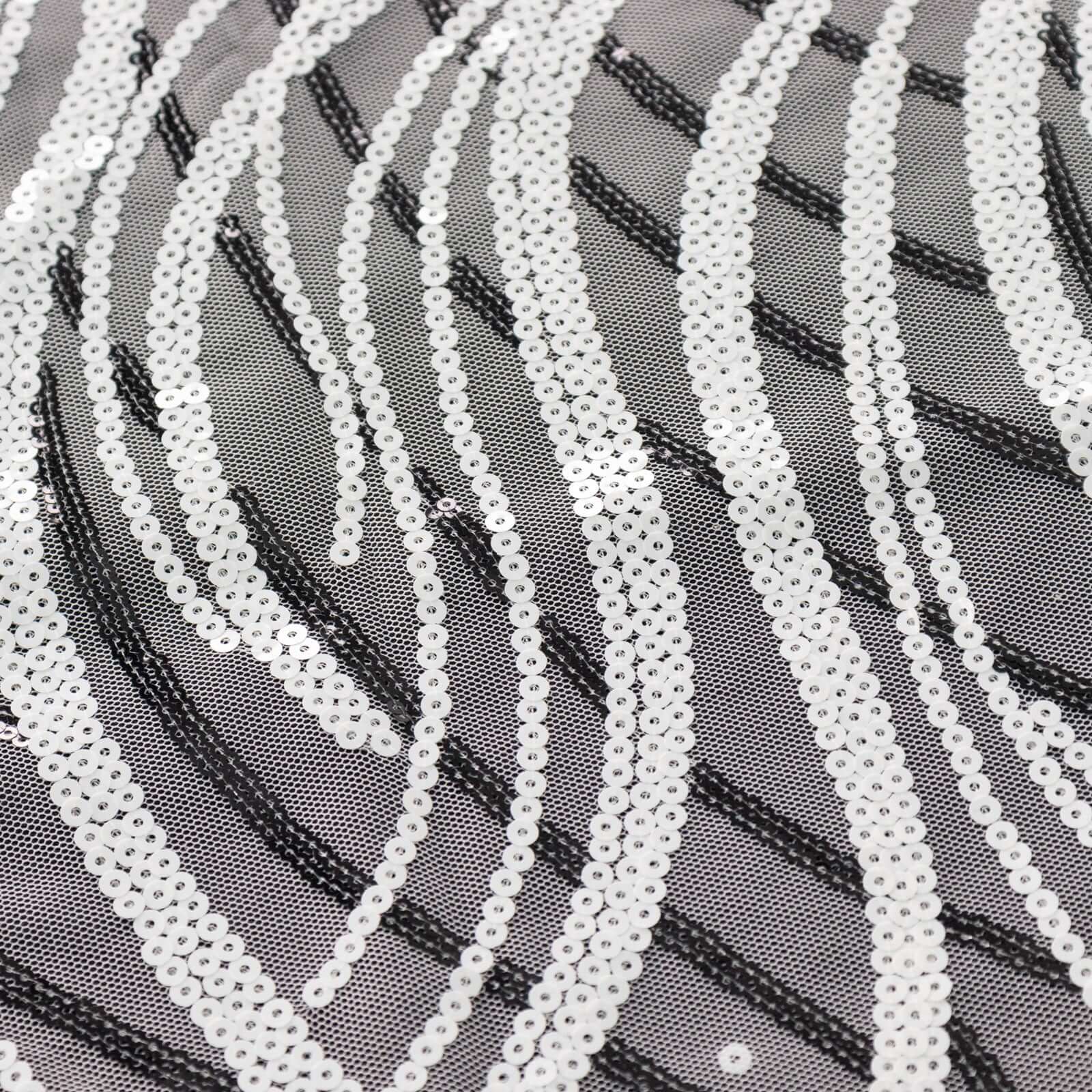 Sequin Mesh 12x108 Table Runner White Black Stylish Wave Embroidery