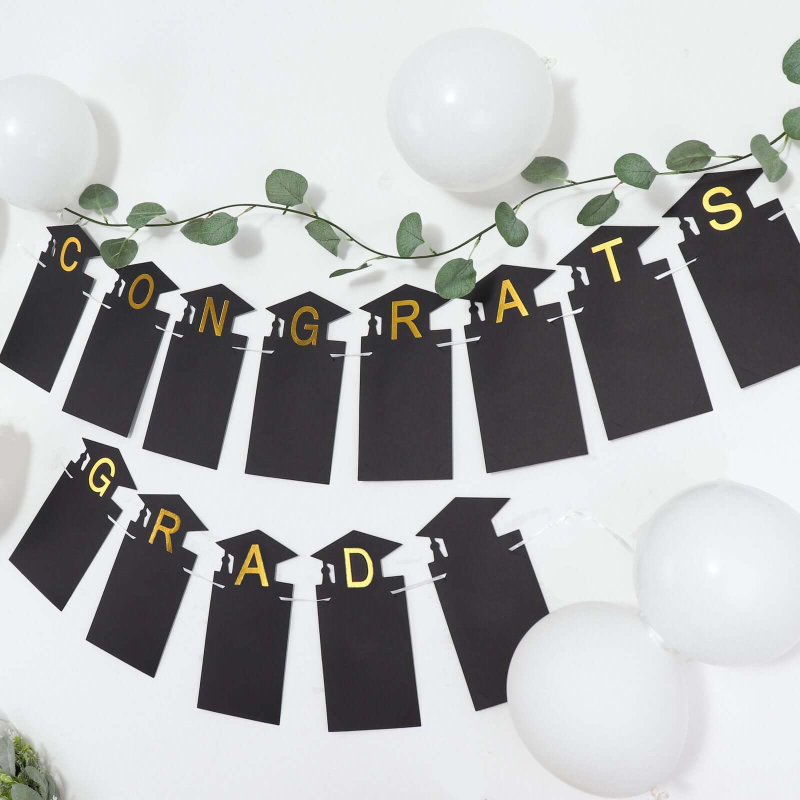 Black and Gold Congrats Grad Paper Photo Backdrop Hanging Garland Banner - 5.5ft