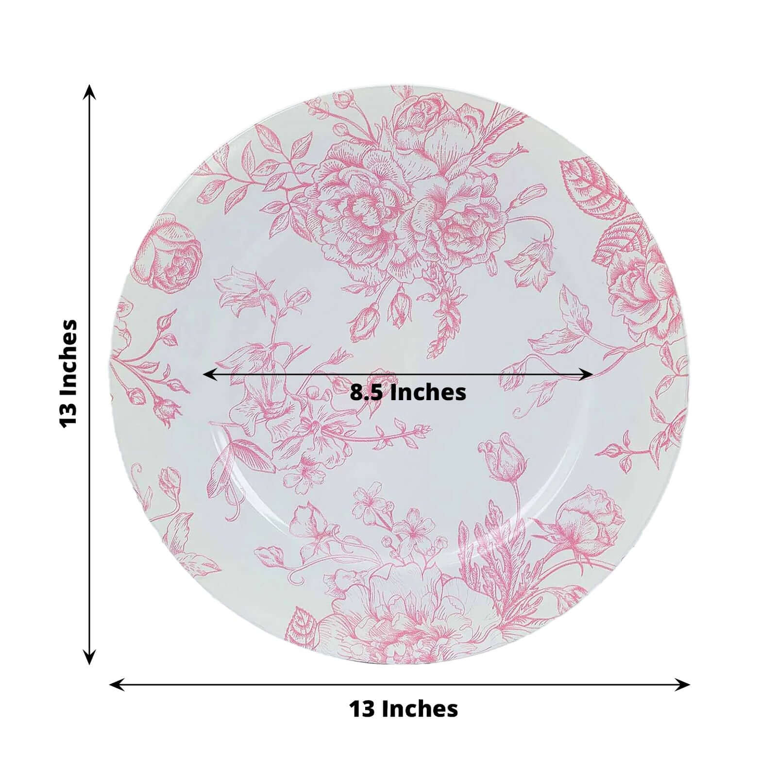 6-Pack Acrylic Round Charger Plates 13 in White with Pink Floral French Toile Pattern, Decorative Dinner Party Charger Tableware