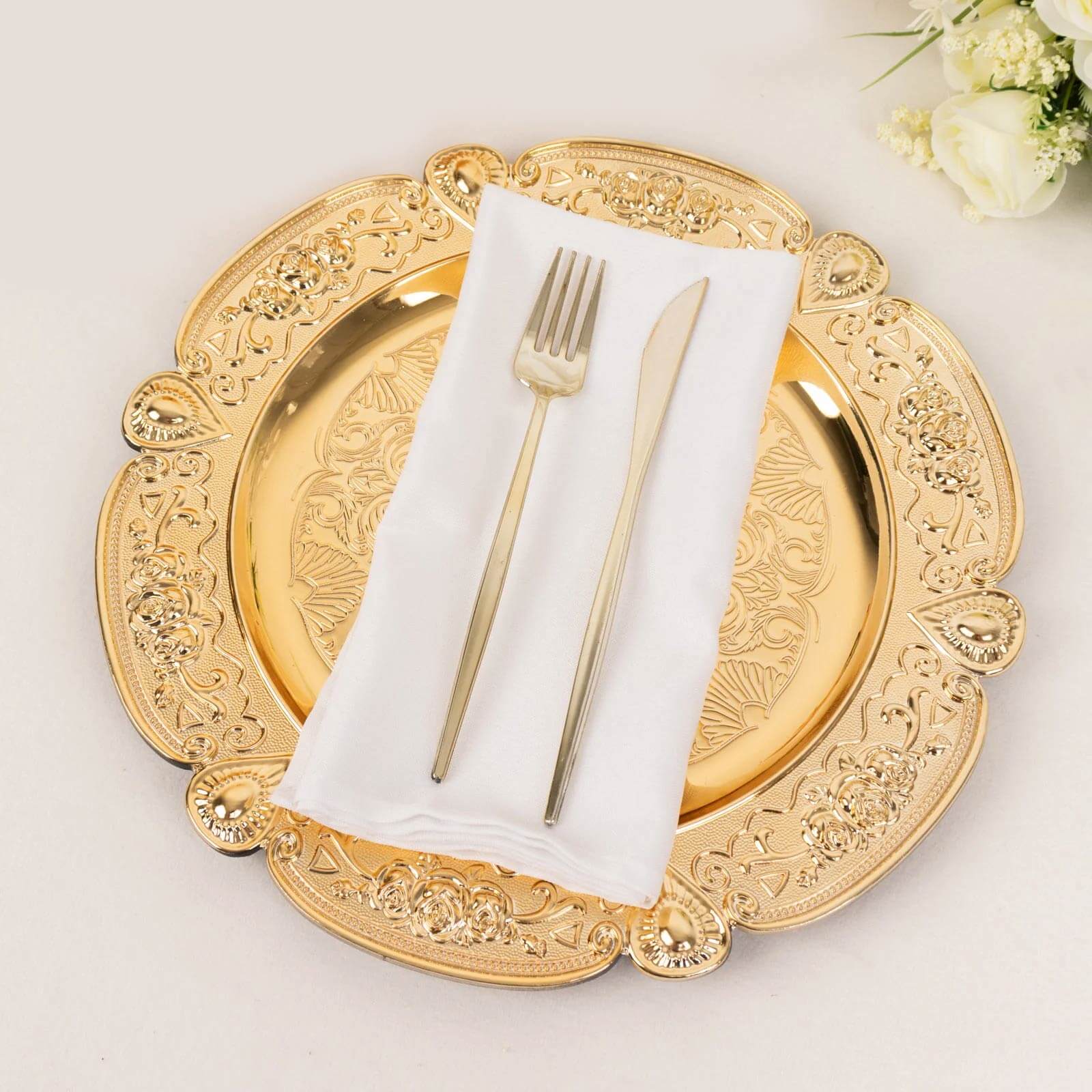 6-Pack Acrylic Round Charger Plates 13 in Gold Floral Embossed with Scalloped Rim, Plastic Decorative Charger Tableware