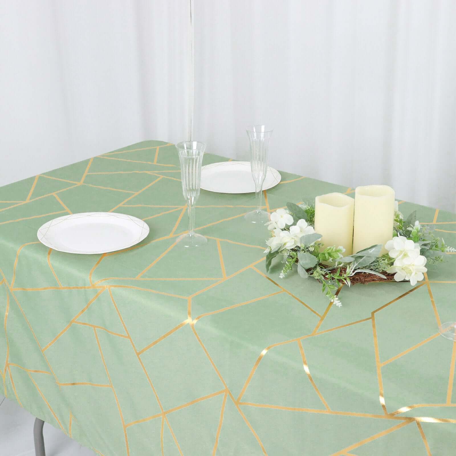 Polyester 60x102 Rectangle Tablecloth Sage Green with Gold Foil Geometric Pattern - Wrinkle-Resistant & Durable Table Cover