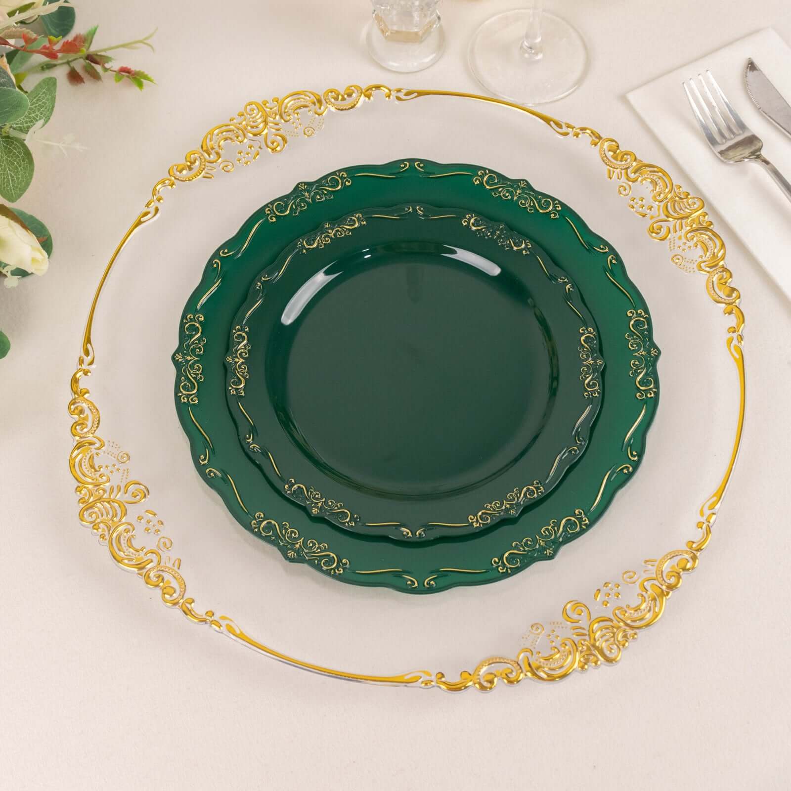 10-Pack Plastic 7 Round Dessert Plates in Hunter Emerald Green with Gold Vintage Embossed Rim - Sturdy Disposable Scalloped Edge Salad Plates