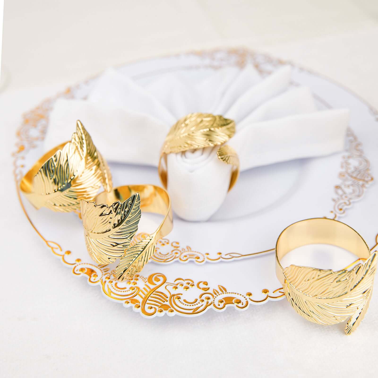 4 Pack Metallic Gold Ornate Leaf Napkin Rings, Linen Napkin Holders