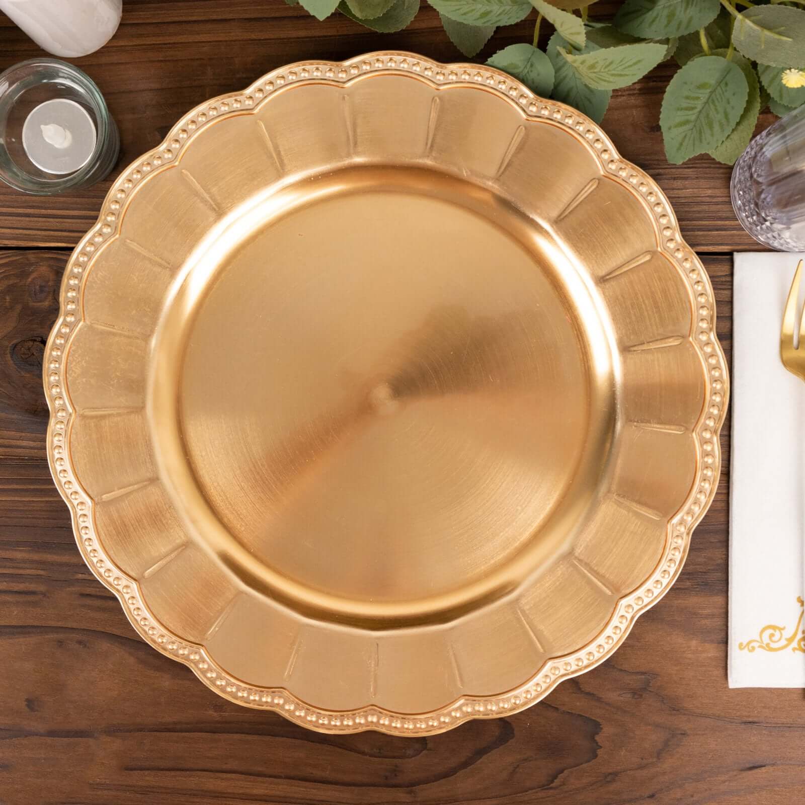 6-Pack Acrylic Round Charger Plates 13 in Metallic Gold with Beaded Sunflower Rim, Plastic Dinner Party Charger Tableware