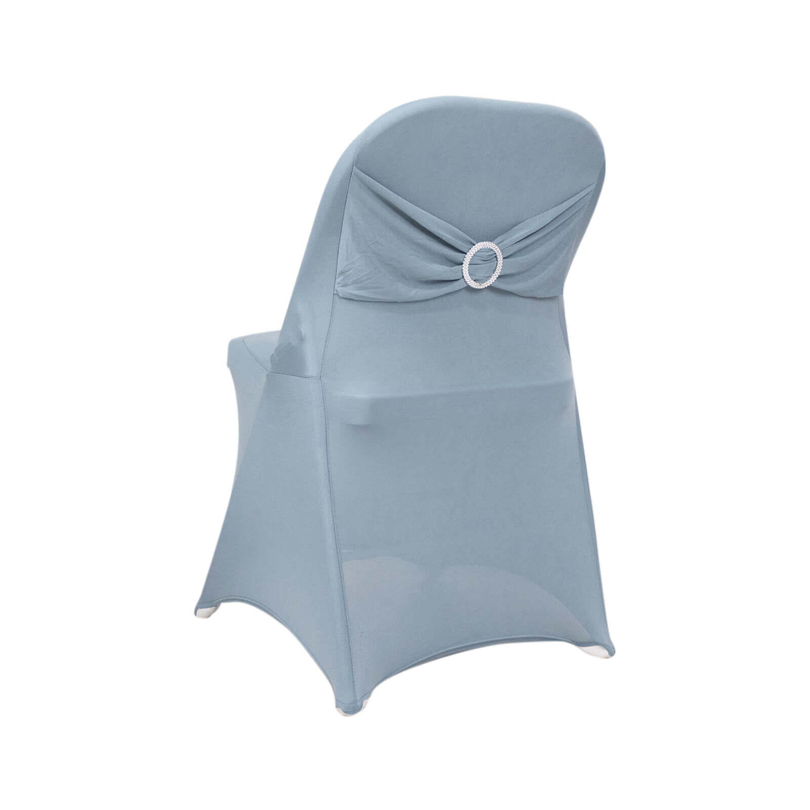 Stretch Spandex Chair Cover Dusty Blue for Folding Chairs - Secure Fit Slipcover with Silver Rhinestone Buckled Sash Band