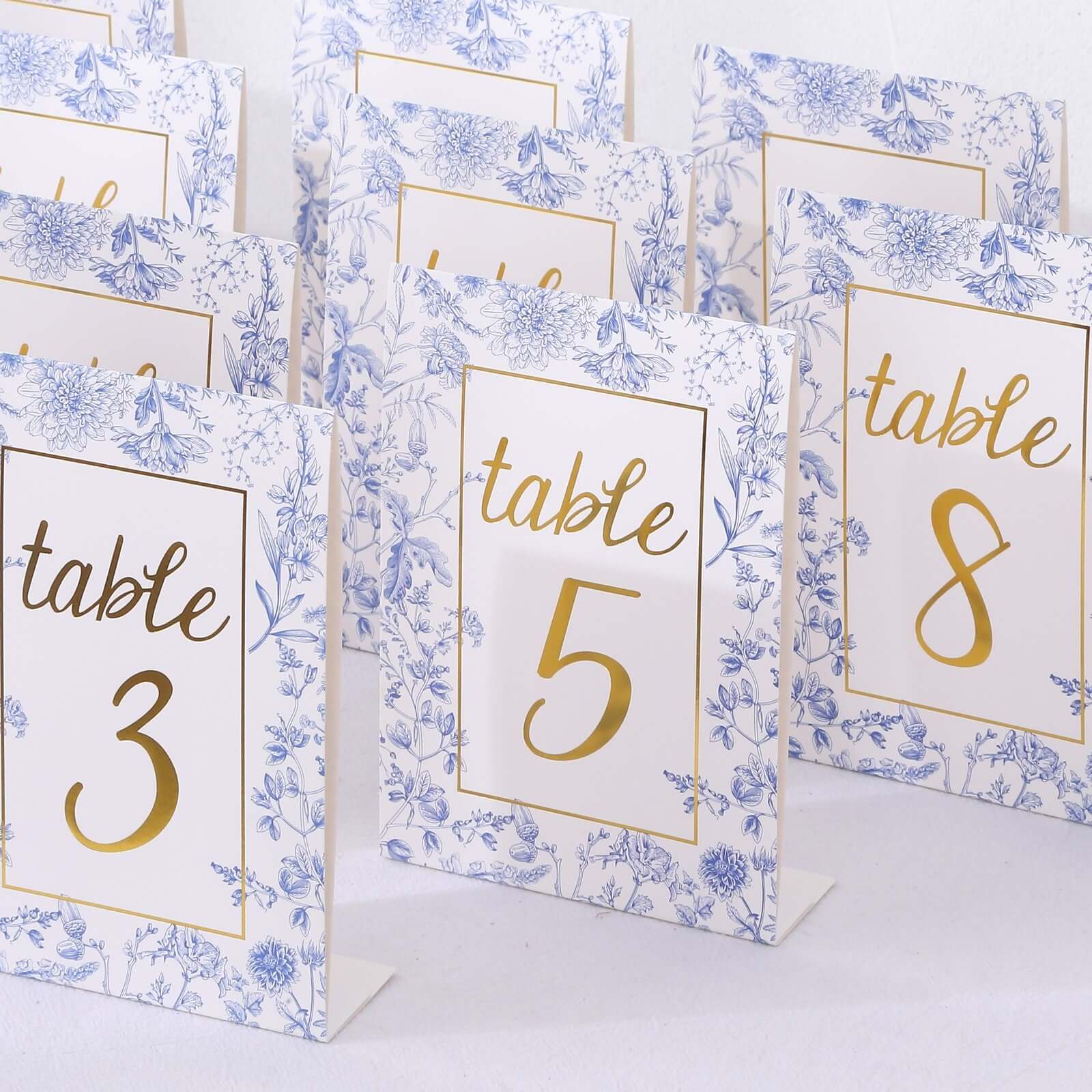 25-Pack Paper Wedding Table Numbers 1-25 White/Blue French Toile Design - Free Standing Double Sided Table Signs with Glam Gold Foil Numbers 7