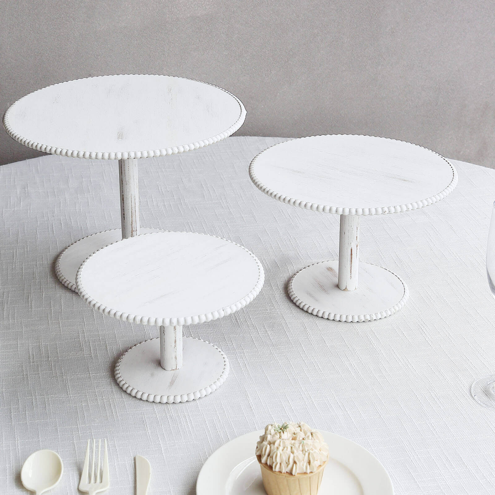 Set of 3 Wooden Pedestal Cake Stands Whitewash with Round Beaded Rim Trays - Stackable Rustic Cupcake Display 8, 10, 12