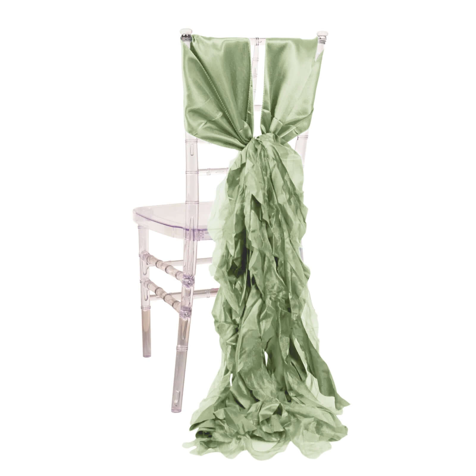 5 Pack Chiffon Satin Chair Sashes Sage Green - Easy to Install Ruffled Curly Willow