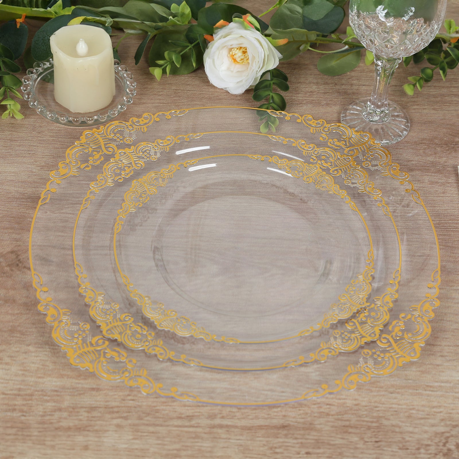 20-Pack Economy Plastic Round Charger Plates 13 in Clear with Gold Embossed Baroque Rim, Stylish Dinner Party Serving Plates