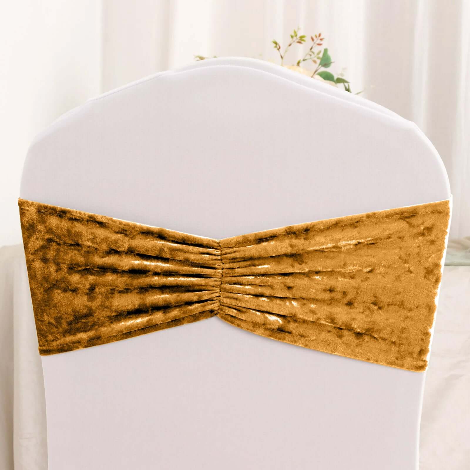 5 Pack Premium Crushed Velvet Chair Sashes Gold Ruffle Style - Wrinkle-Free Textured Stretch Chair Bands for Stunning Event Decor