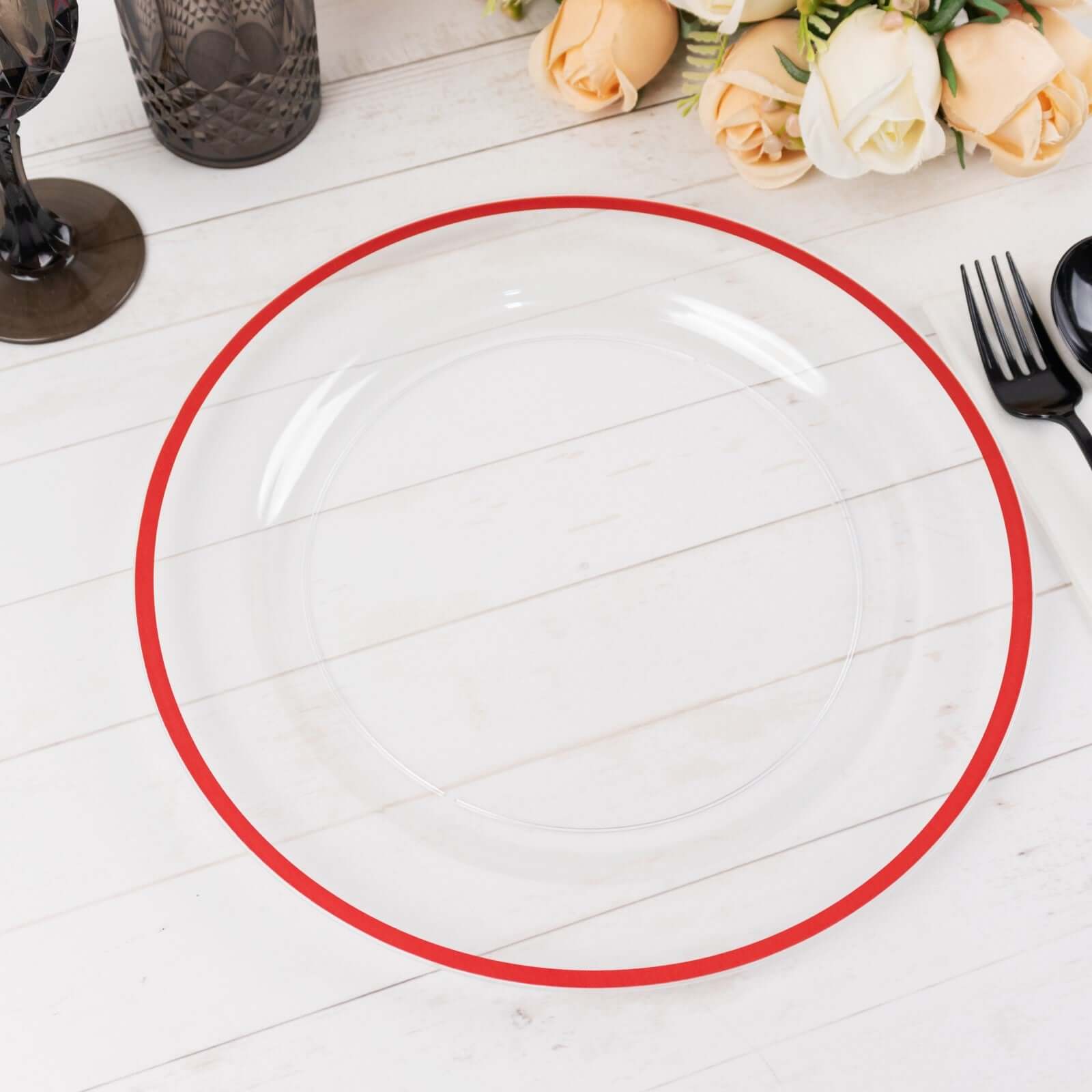 10-Pack Plastic 10 Round Dinner Plates in Clear with Red Rim - Disposable Party Plates for Classy Banquets & Special Occasions