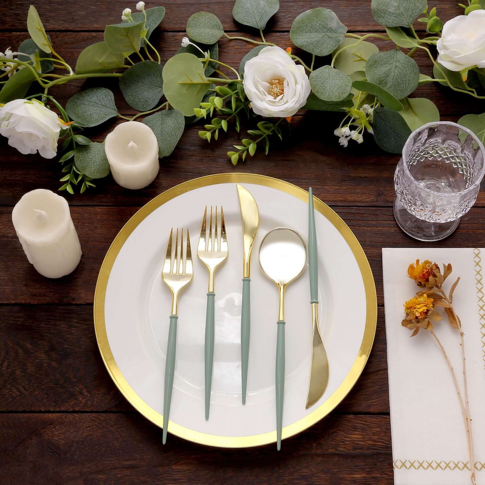 24-Pack Plastic Flatware Set in Metallic Gold with Dusty Sage Green Handle - Heavy Duty Disposable Modern Silverware 8