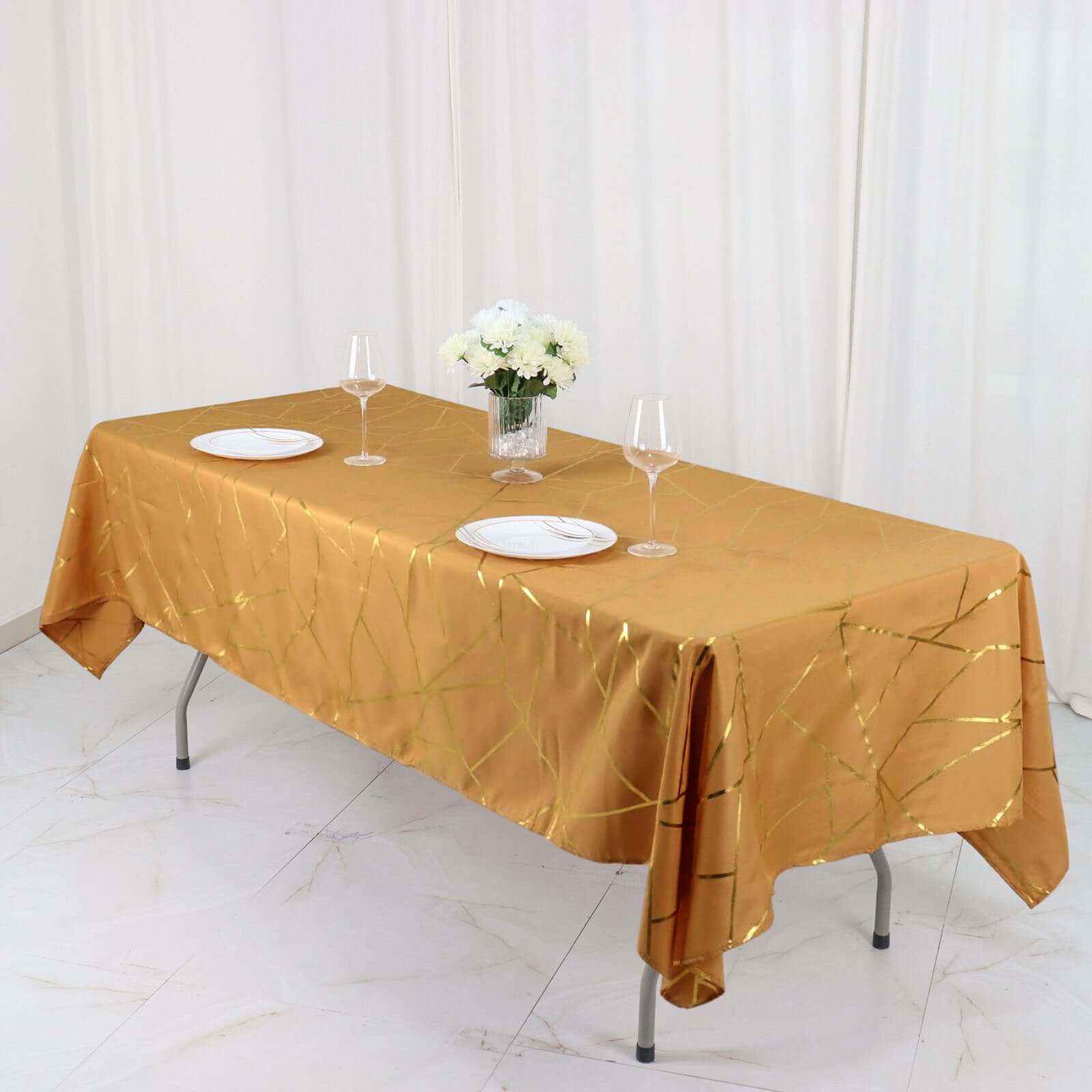 Polyester 60x102 Rectangle Tablecloth Gold with Gold Foil Geometric Pattern - Wrinkle-Resistant & Durable Table Cover