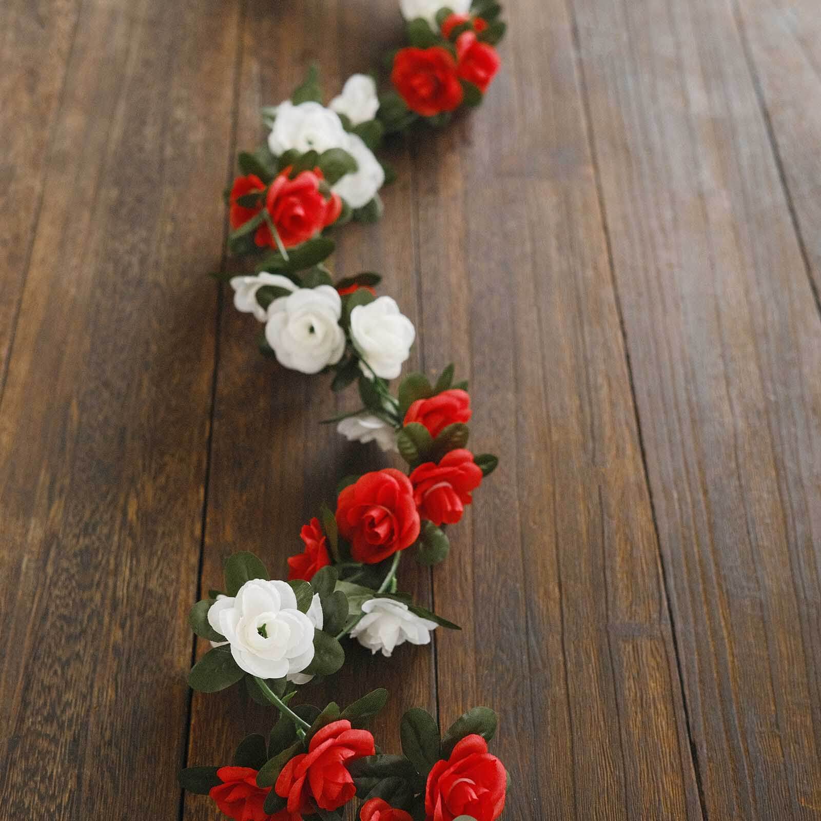 2 Pack 8ft Red Ivory Artificial Silk Flower Garland Mini Rose Vines with 45 Flower Heads