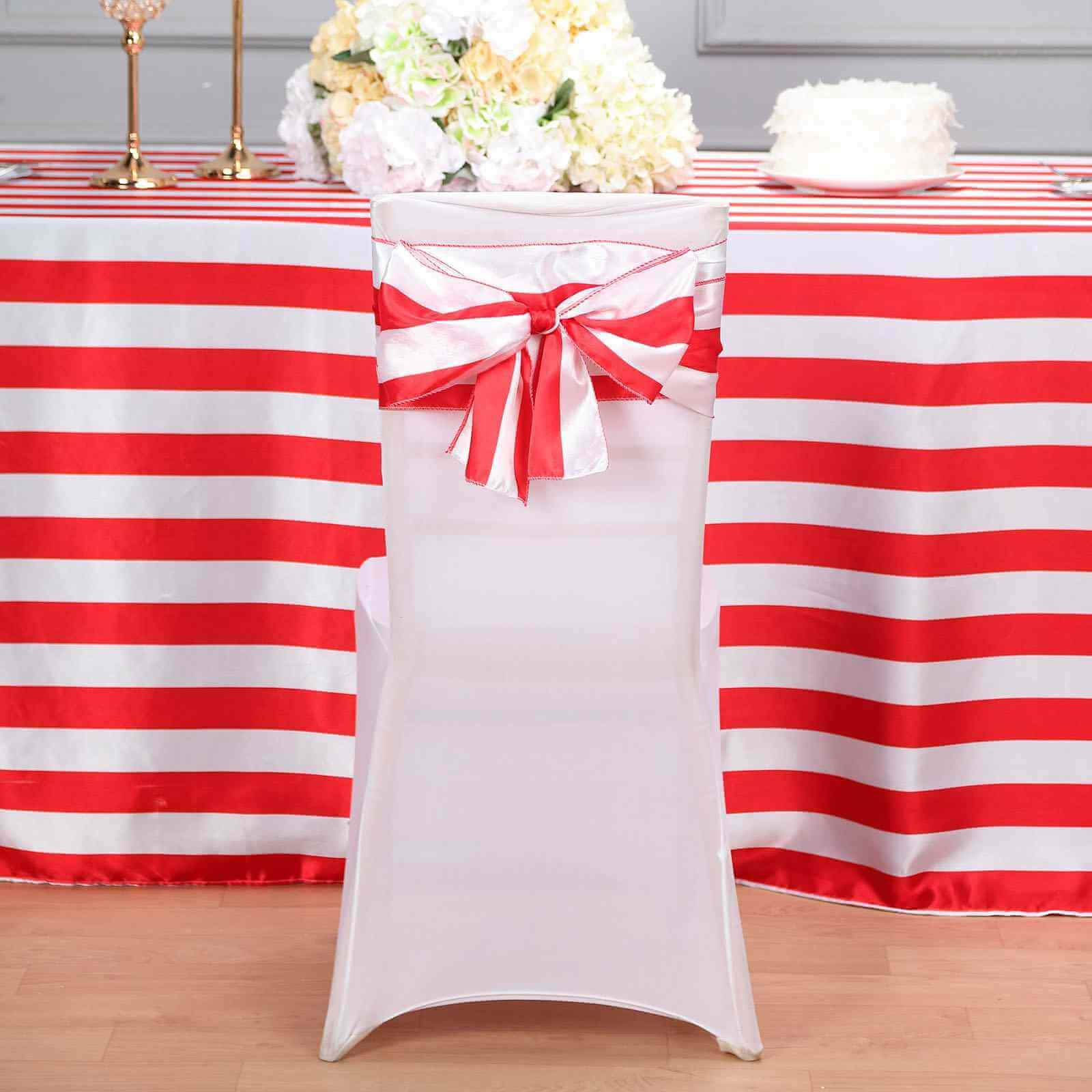 5 Pack Satin 6x108 Chair Sashes Red/White Stripes - Sophisticated Decor for Weddings & Gatherings