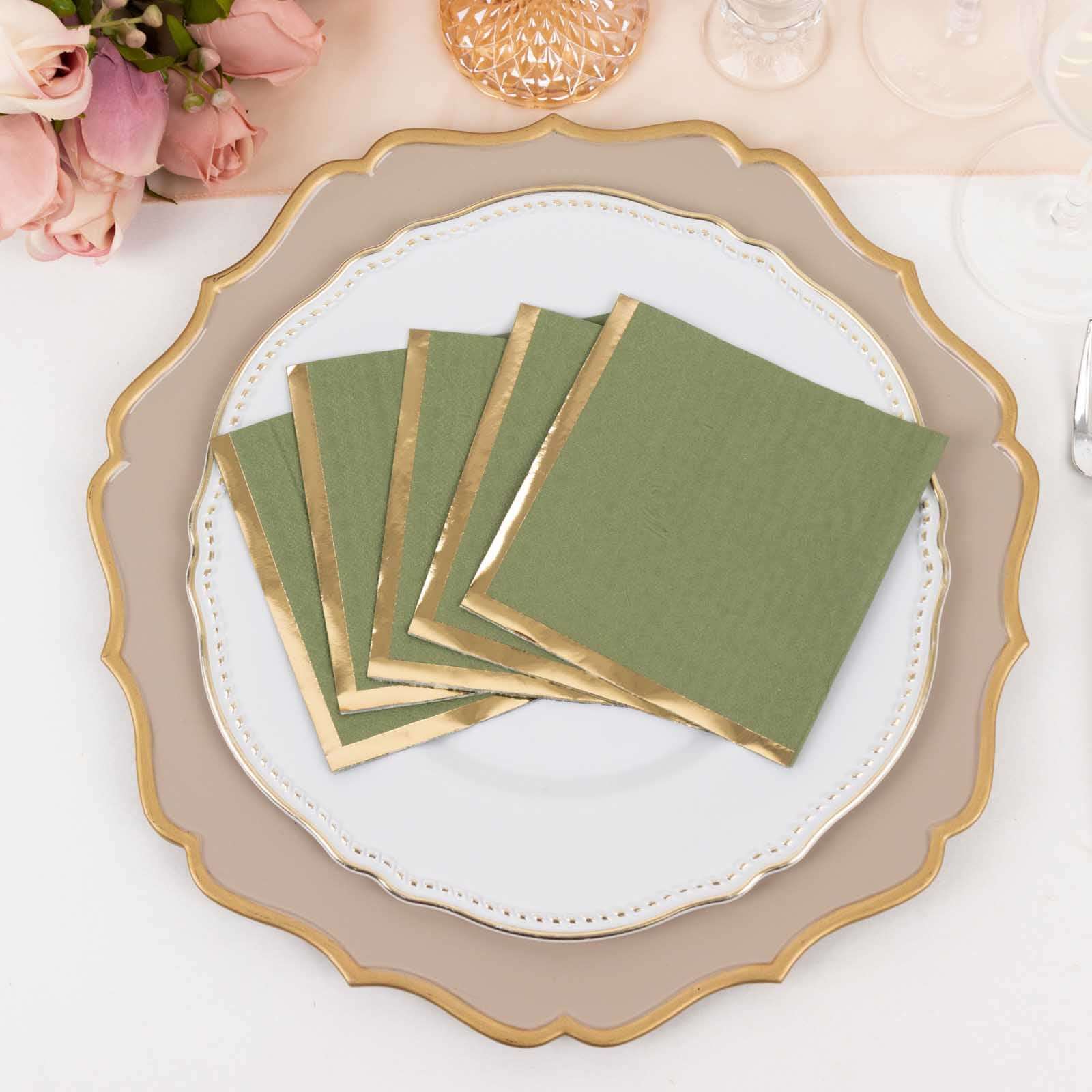 50-Pack Paper Beverage Napkins Olive Green with Gold Foil Edge - 2 Ply Disposable Soft 18GSM Cocktail Napkins 5x5