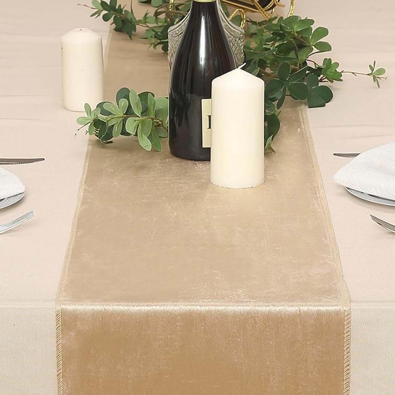 Premium Velvet 12x108 Table Runner Champagne - Sheen Finish Reusable Table Decor