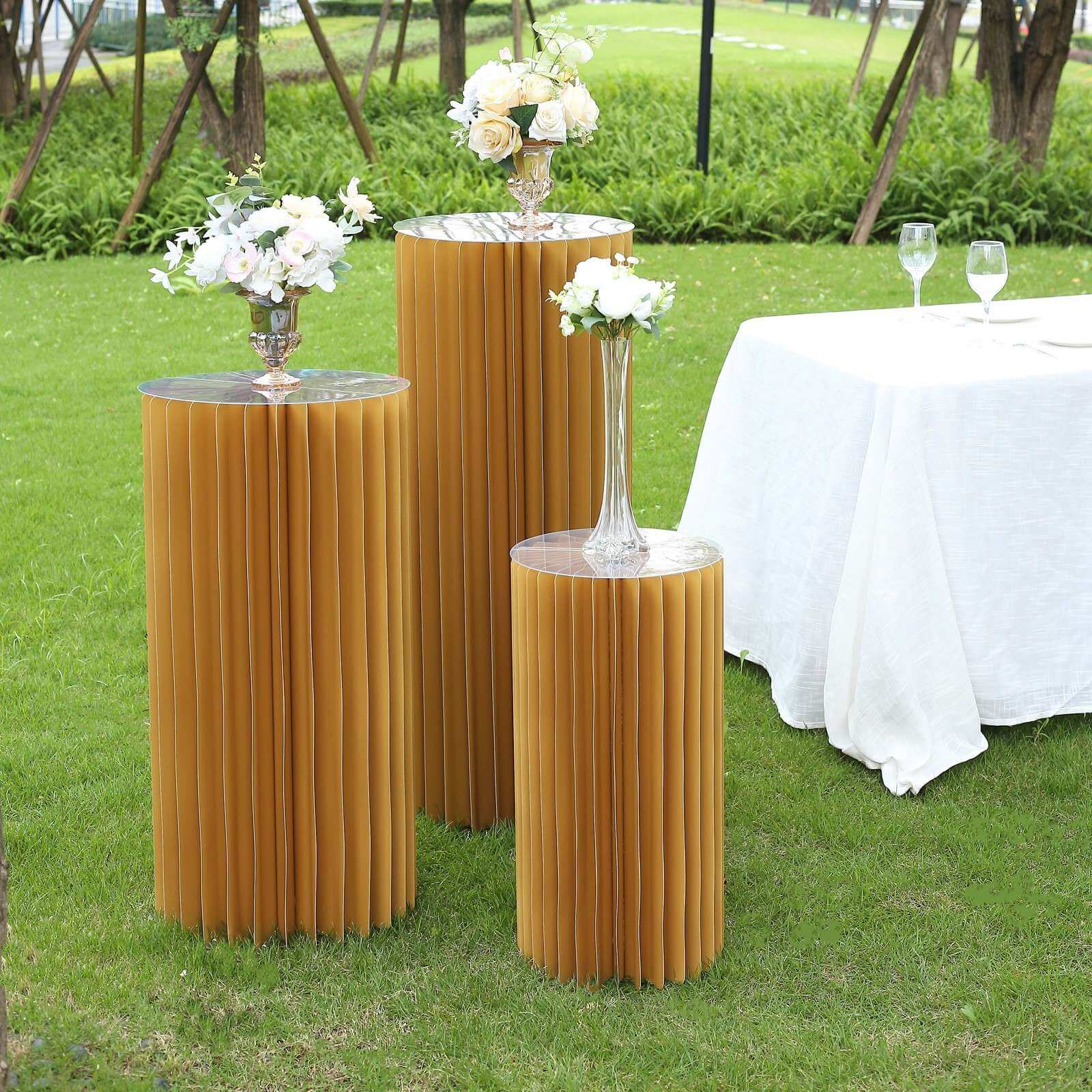 32 Gold Cylinder Display Column Stand, Pillar Pedestal Stand With Top Plate